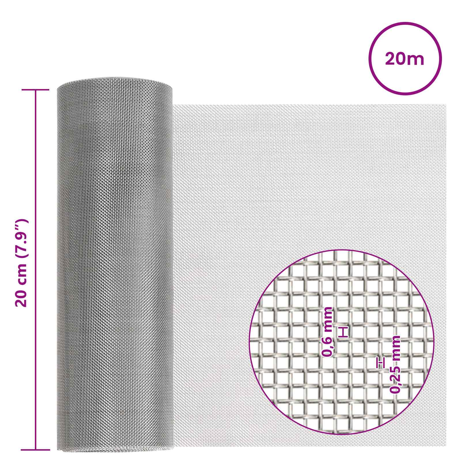 Gaas Scherm 20 x 2000 cm 30 Mesh RVS 201 Zilverkleurig