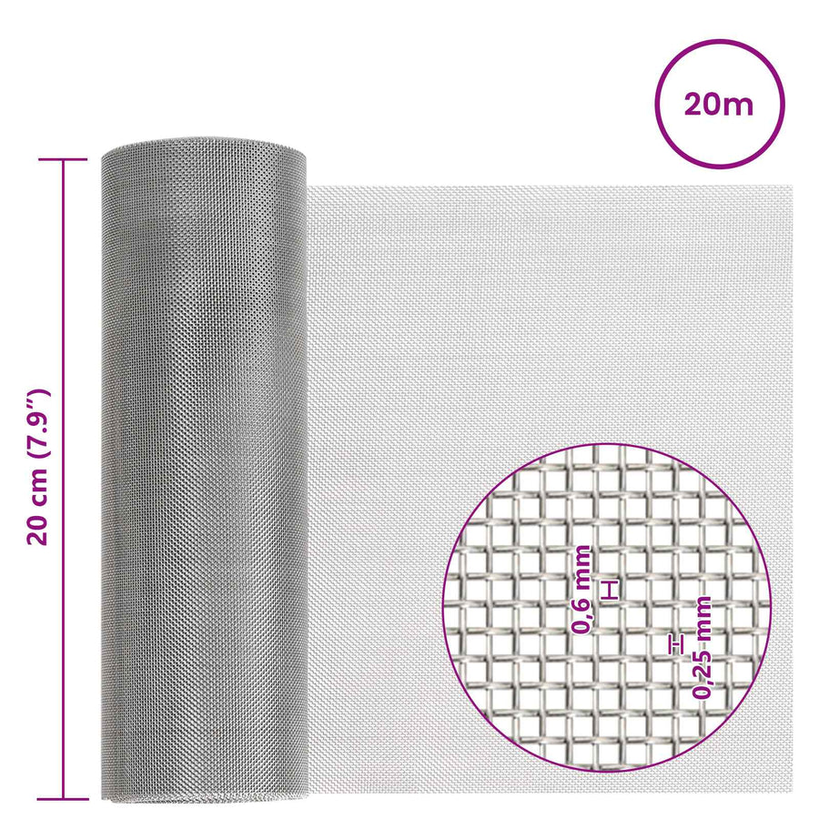 Gaas Scherm 20 x 2000 cm 30 Mesh RVS 201 Zilverkleurig