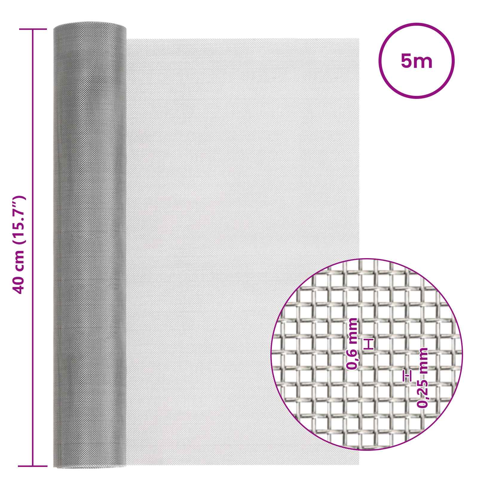 Gaas Scherm 40 x 500 cm 30 Mesh RVS 201 Zilverkleurig