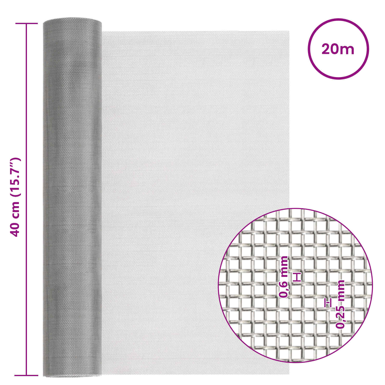 Gaas Scherm 40 x 2000 cm 30 Mesh RVS 201 Zilverkleurig