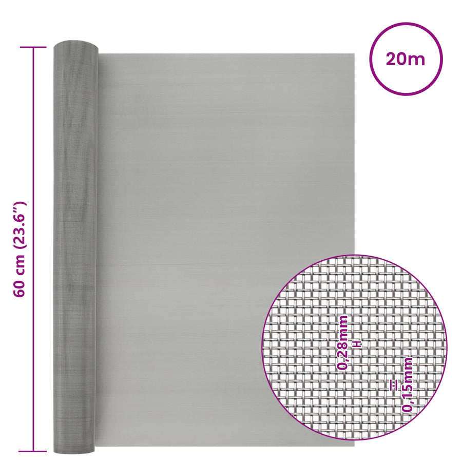 Gaas Scherm 60 x 2000 cm 60 Mesh RVS 201 Zilverkleurig