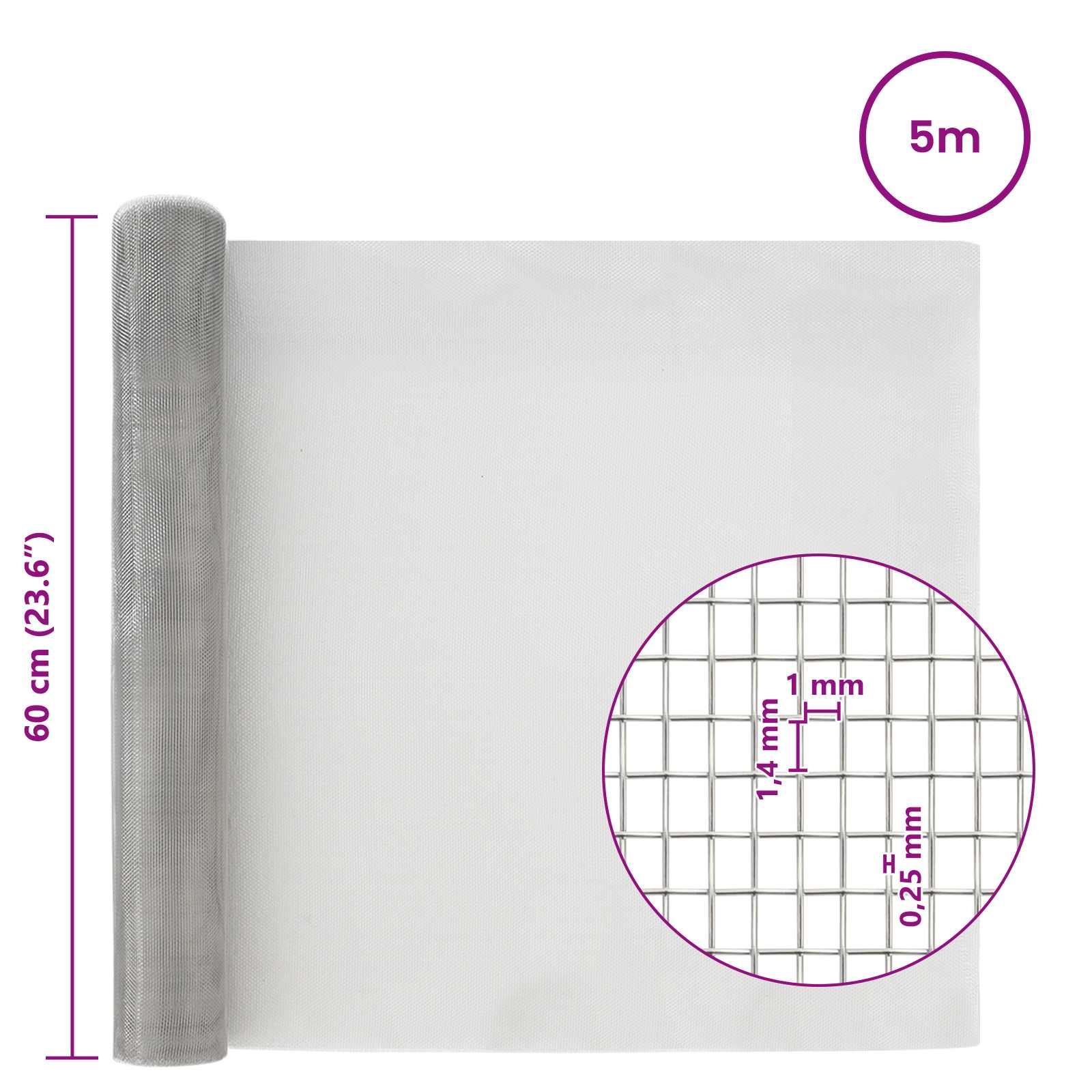 Gaasnet 60 x 500 cm 18 Mesh RVS 201 zilver