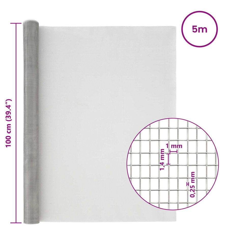 Gaasnet 100 x 500 cm 18 Mesh RVS 201 zilver
