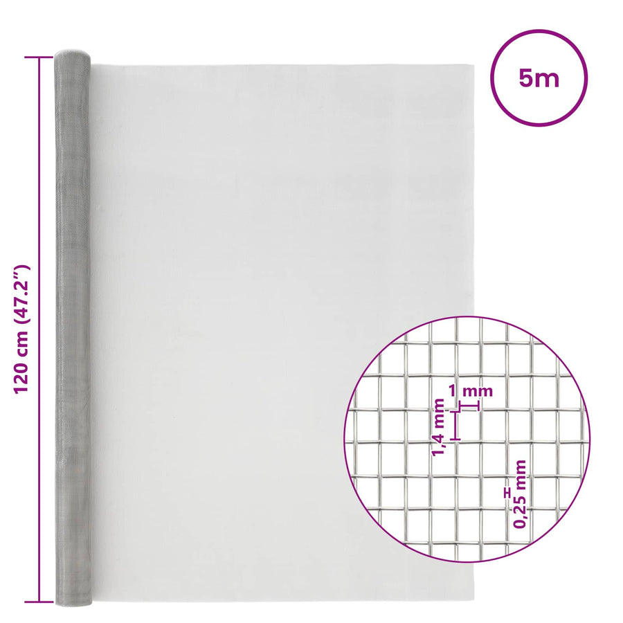 Gaasnet 120 x 500 cm 18 Mesh RVS 201 zilver