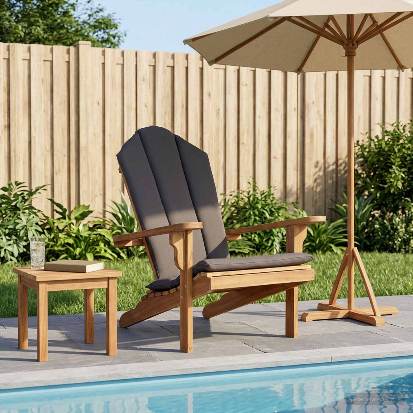 Tuinstoel Adirondack Naturel Massief Teakhout met donkergrijs kussen
