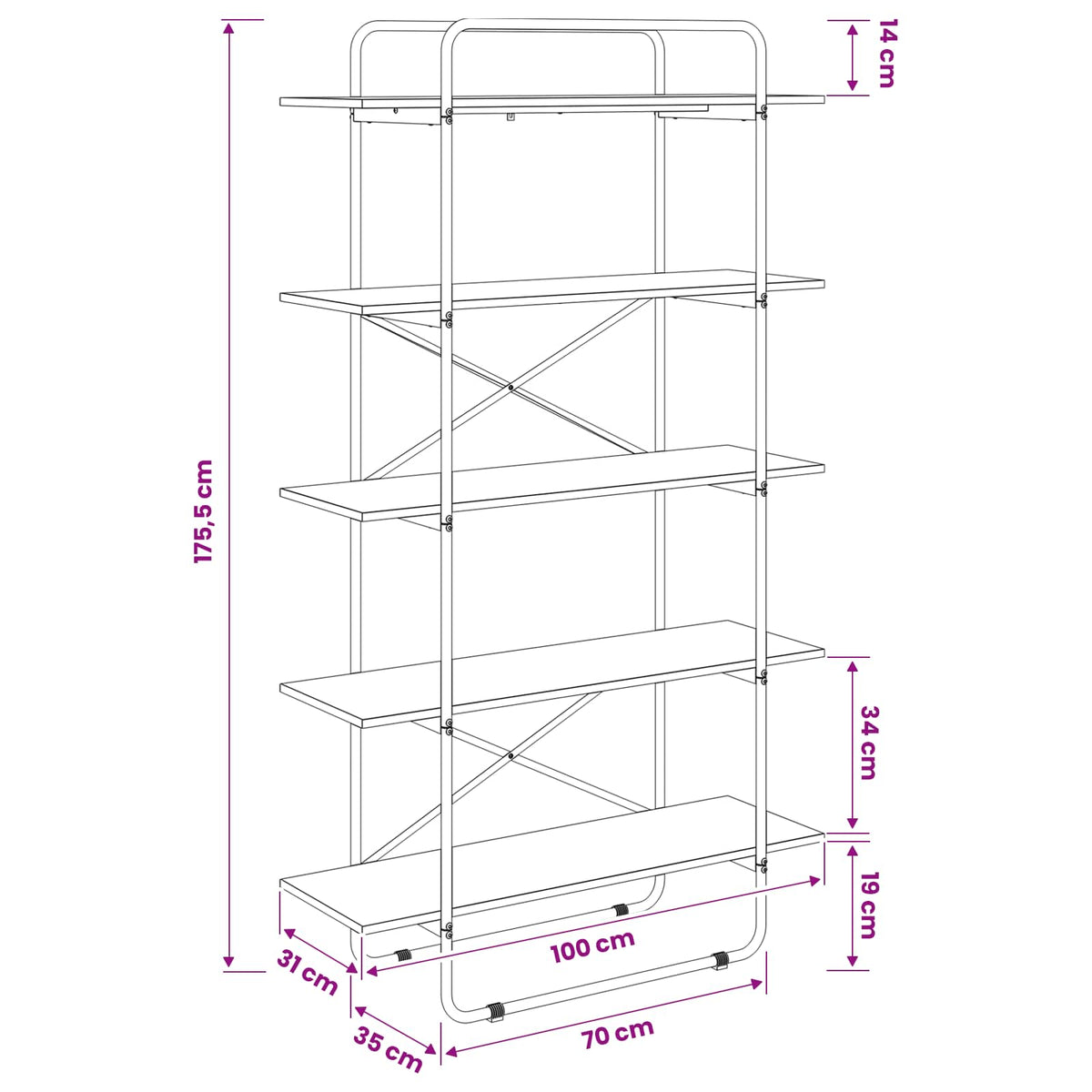 Boekenrek 4-laags 100 x 35 x 140 cm PB Artisanaal eiken