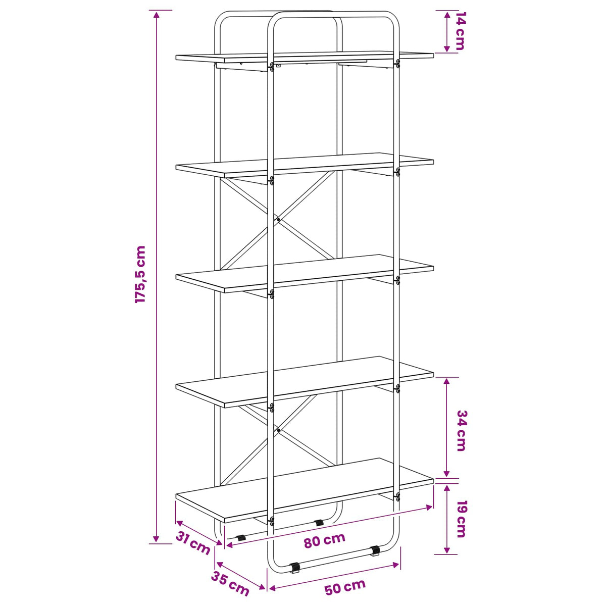 Boekenrek 5-laags 80 x 35 x 175,5 cm PB Artisanaal eiken