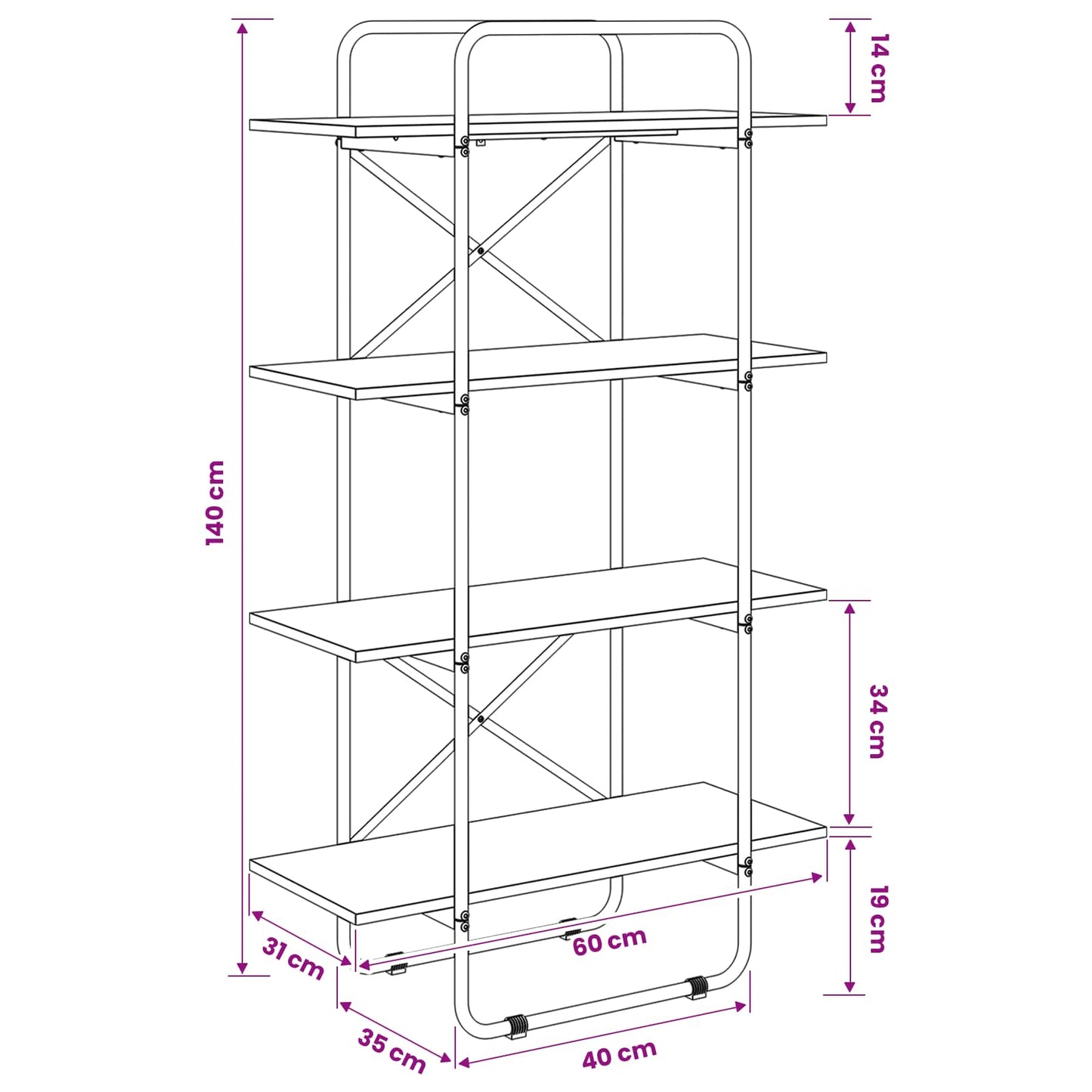 Boekenrek 4-laags 60 x 35 x 140 cm PB Eikenhout