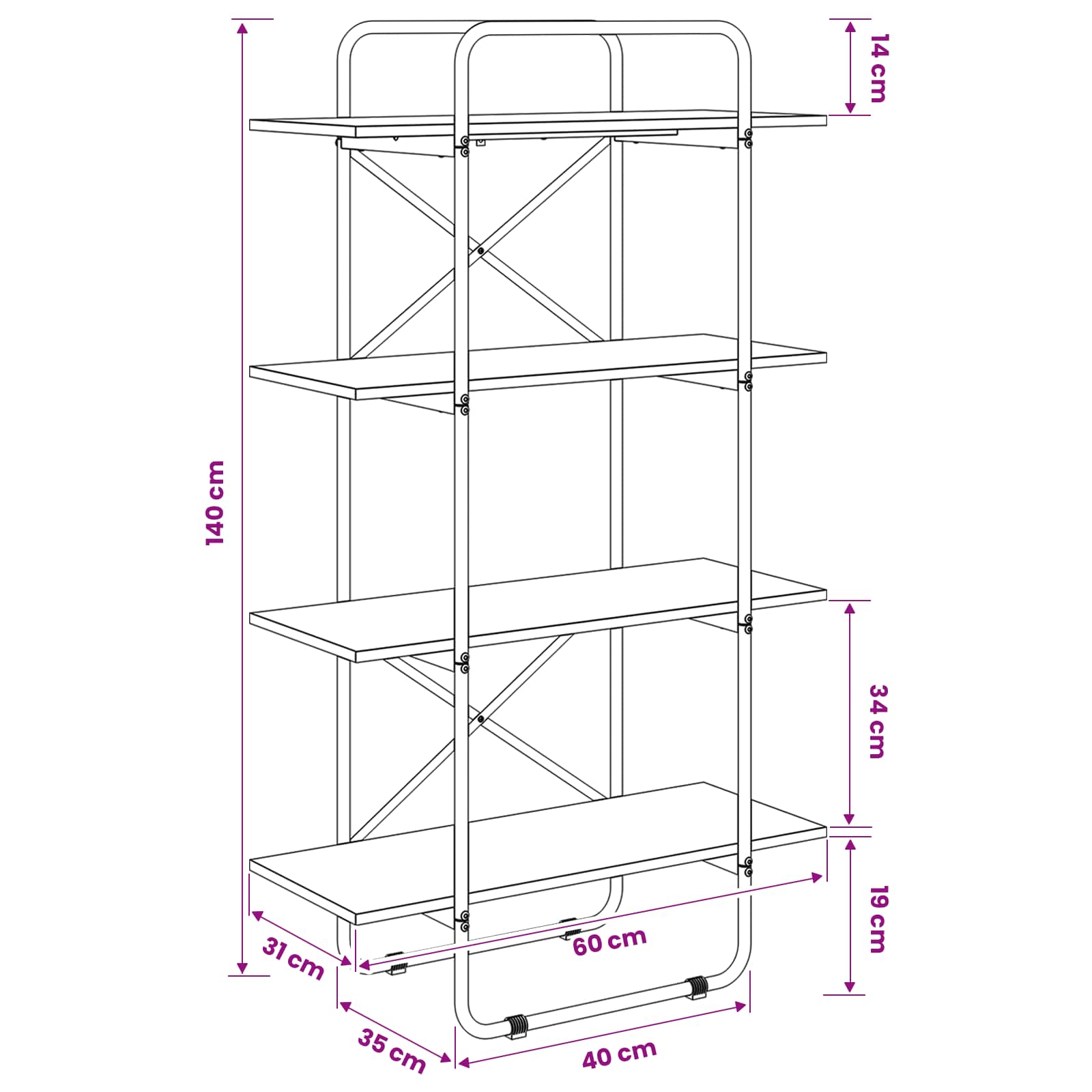 Boekenrek 4-laags 60 x 35 x 140 cm PB Eikenhout