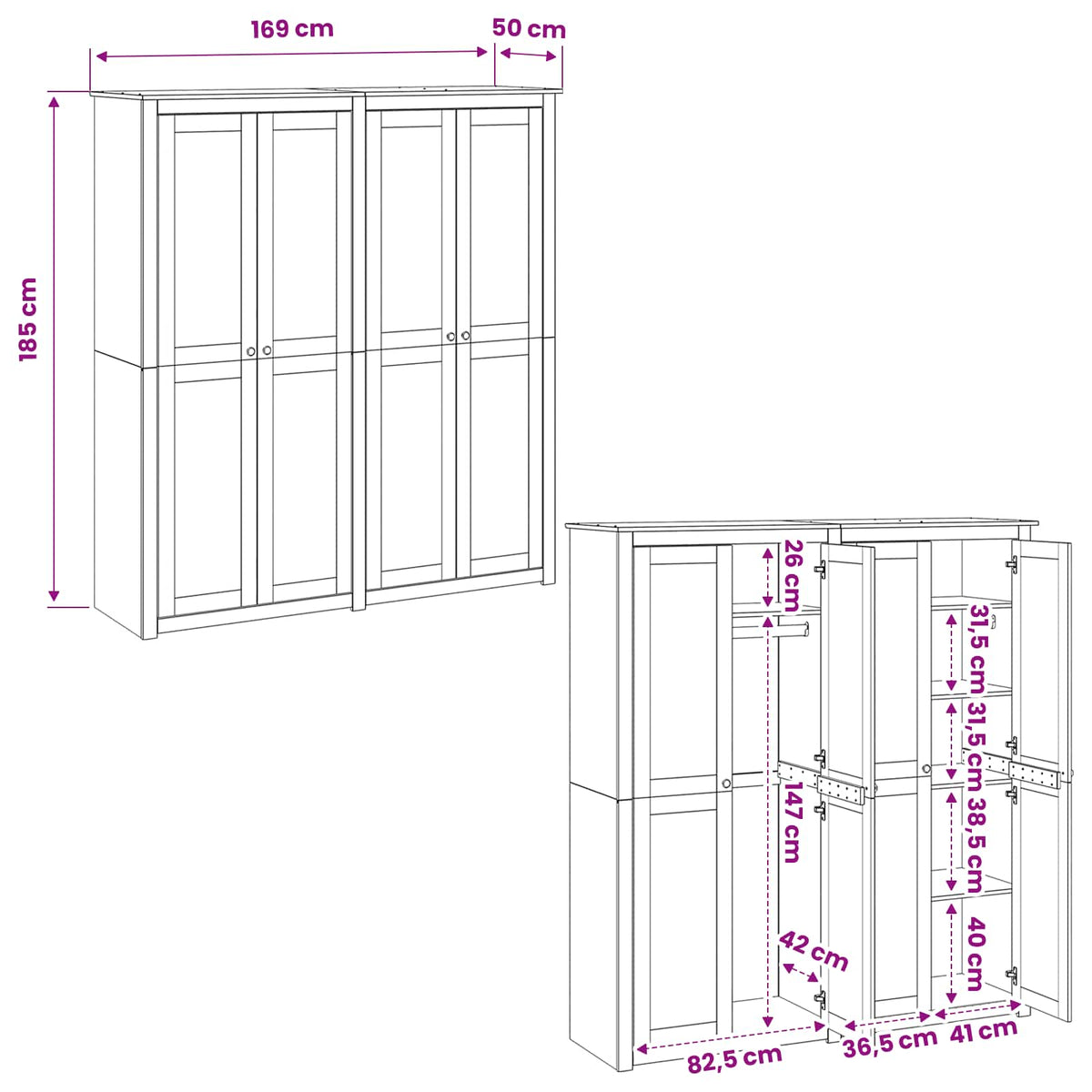 Kledingkast PANAMA Honing 169 x 50 x 185 cm Massief grenenhout