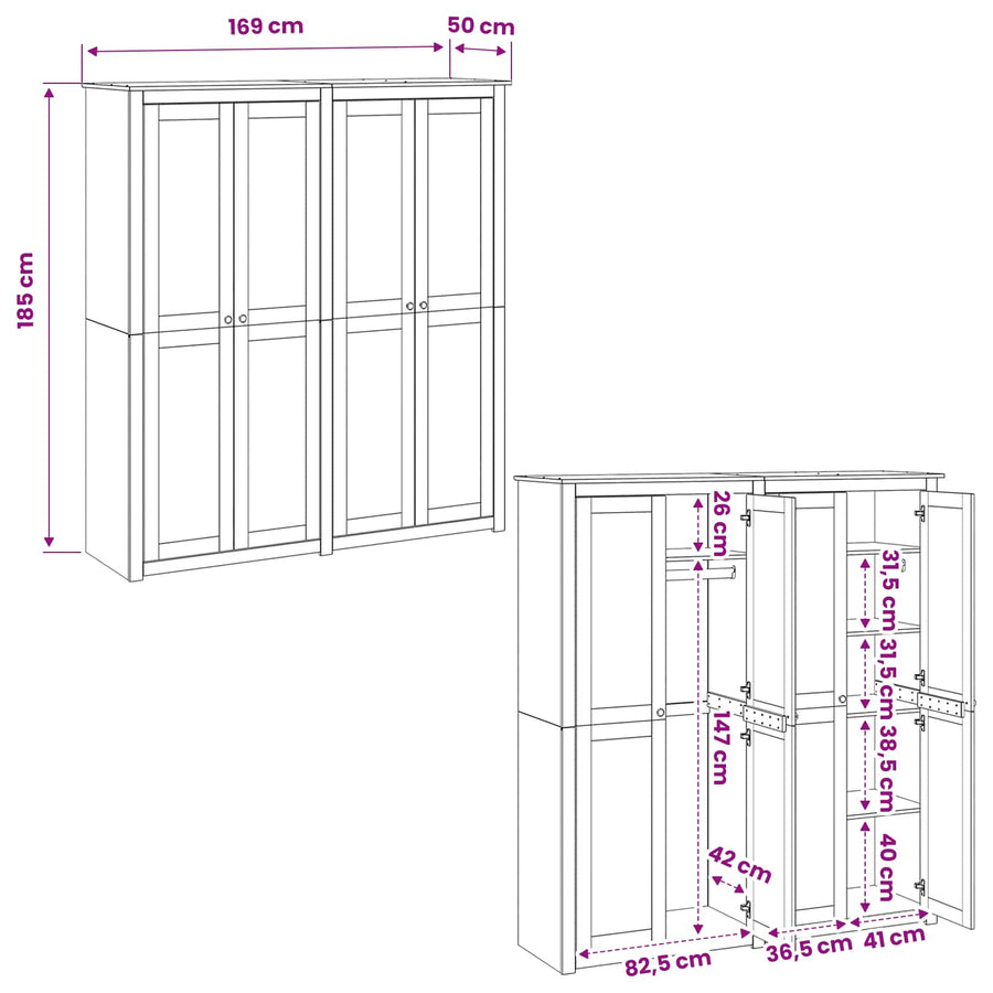 Kledingkast PANAMA Honing 169 x 50 x 185 cm Massief grenenhout