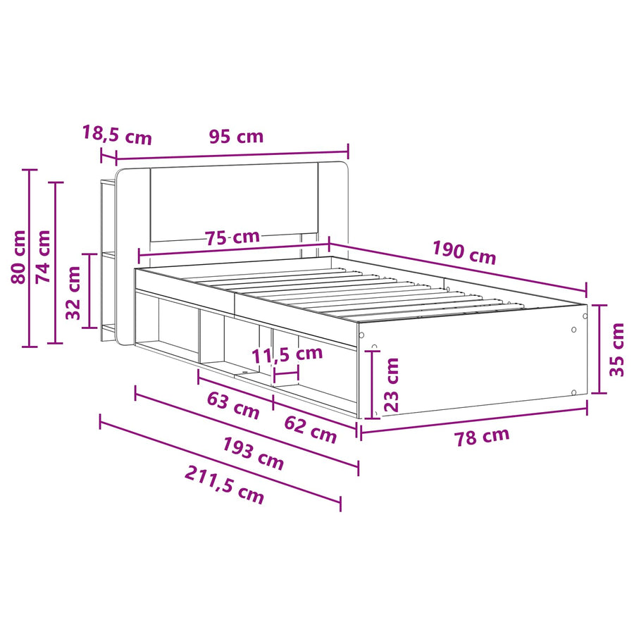 Bedframe met opslag Betongrijs 75 x 190 cm Bewerkt hout