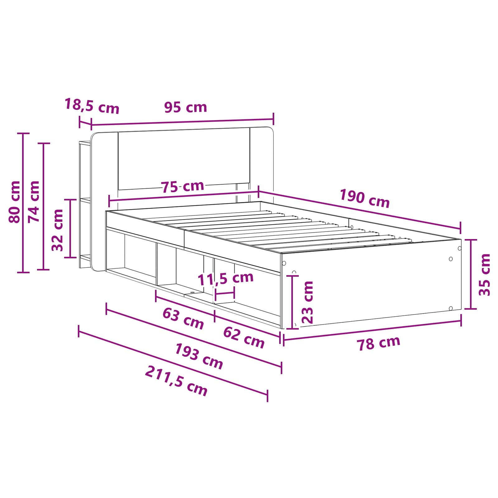 Bedframe met opslag Sonoma Eiken 75 x 190 cm Bewerkt hout