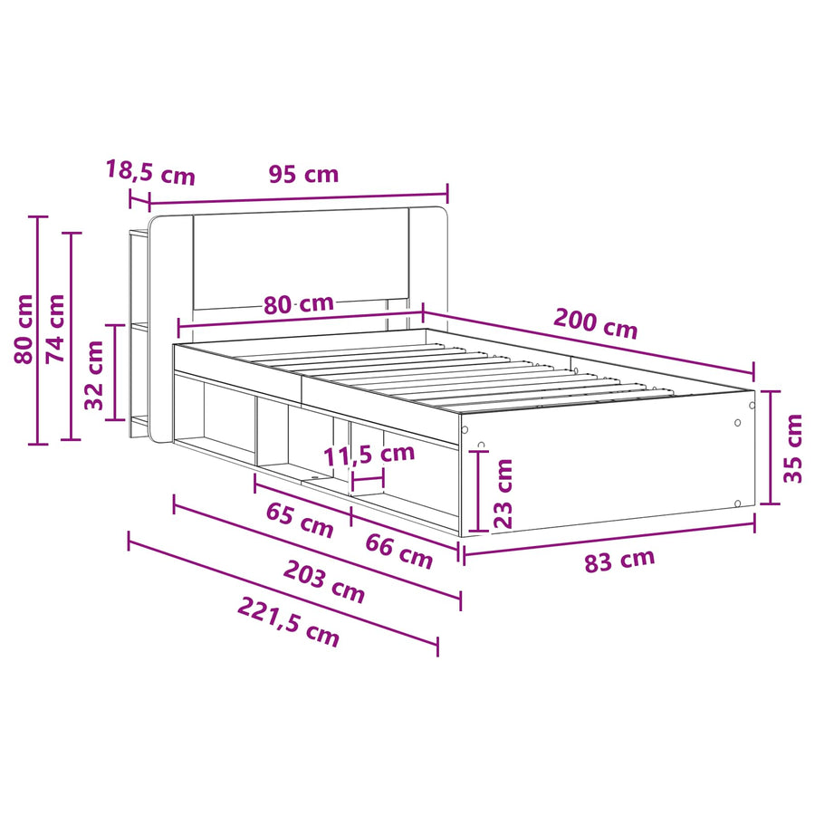 Bedframe met opslag Sonoma Eiken 80 x 200 cm Bewerkt hout