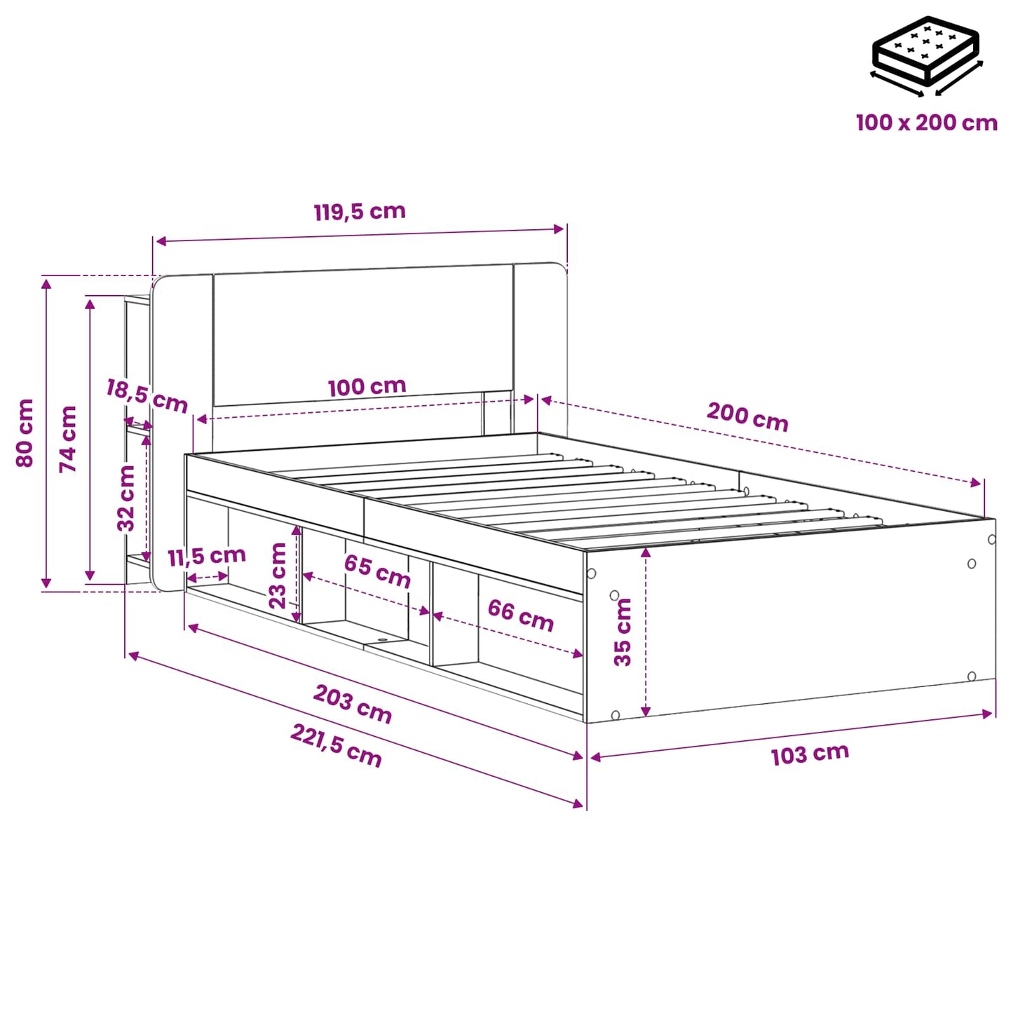 Bedframe met opslag Artisanaal eiken 100 x 200 cm Bewerkt hout