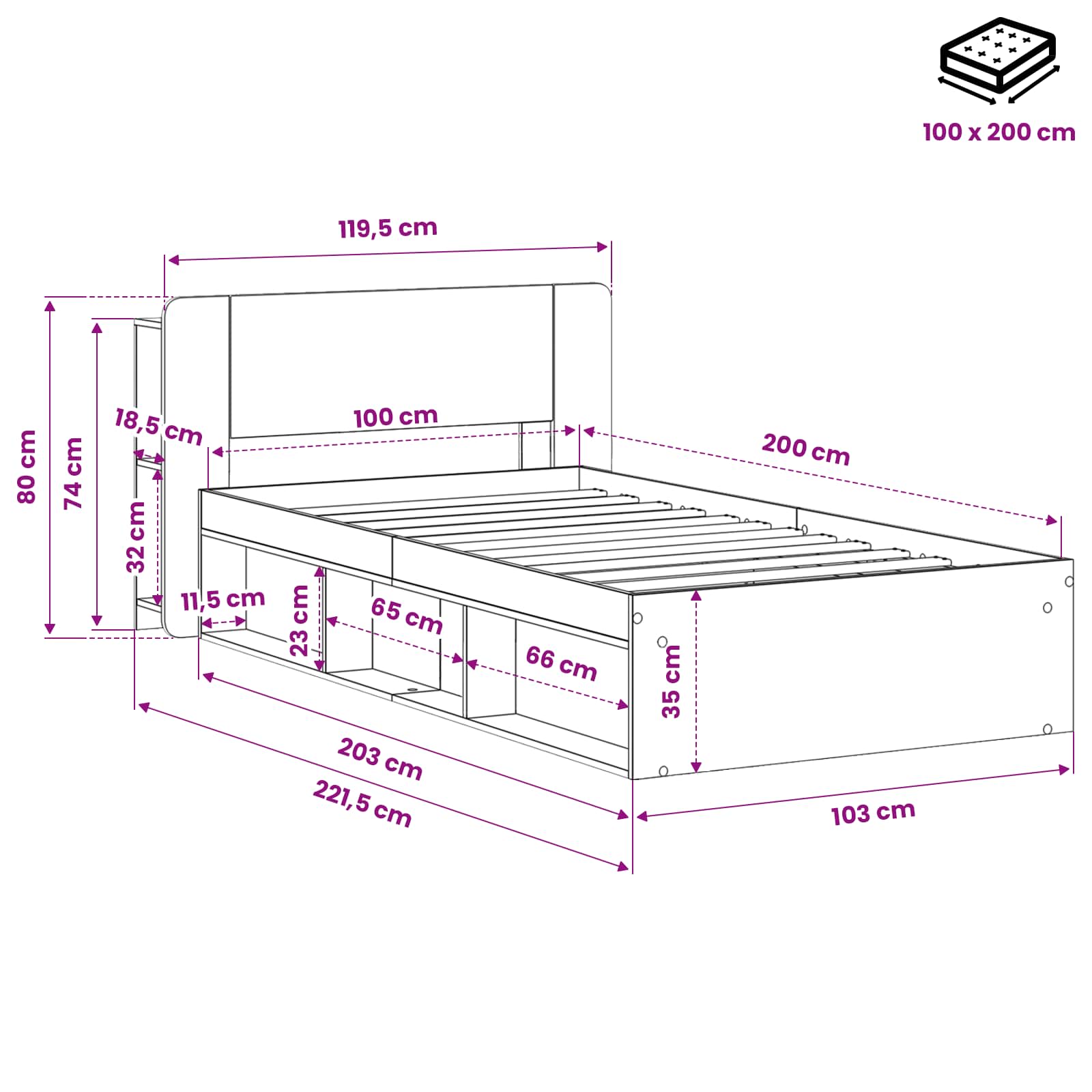 Bedframe met opslag Artisanaal eiken 100 x 200 cm Bewerkt hout