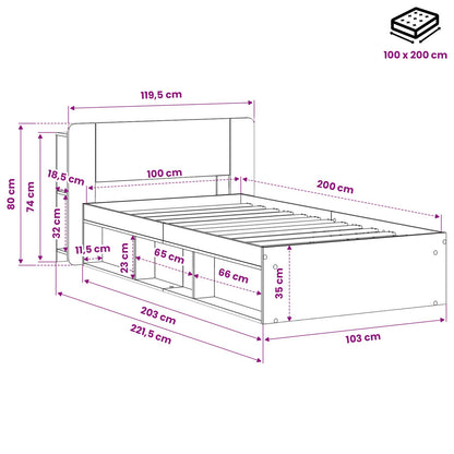 Bedframe met opslag Artisanaal eiken 100 x 200 cm Bewerkt hout