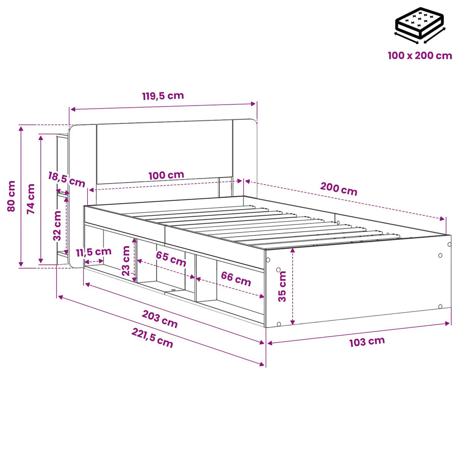 Bedframe met opslag Artisanaal eiken 100 x 200 cm Bewerkt hout
