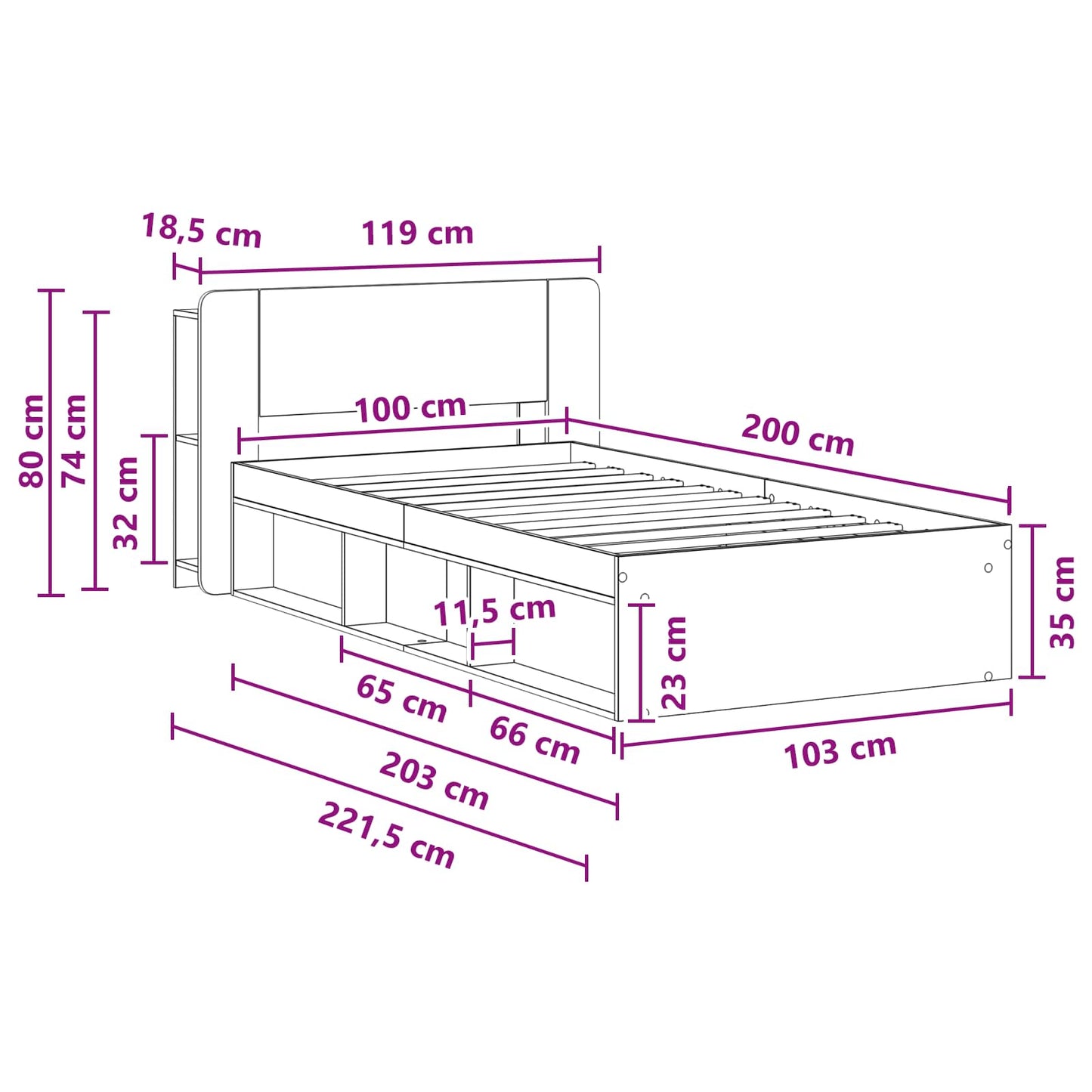 Bedframe met opslag Gerookt eiken 100 x 200 cm Bewerkt hout
