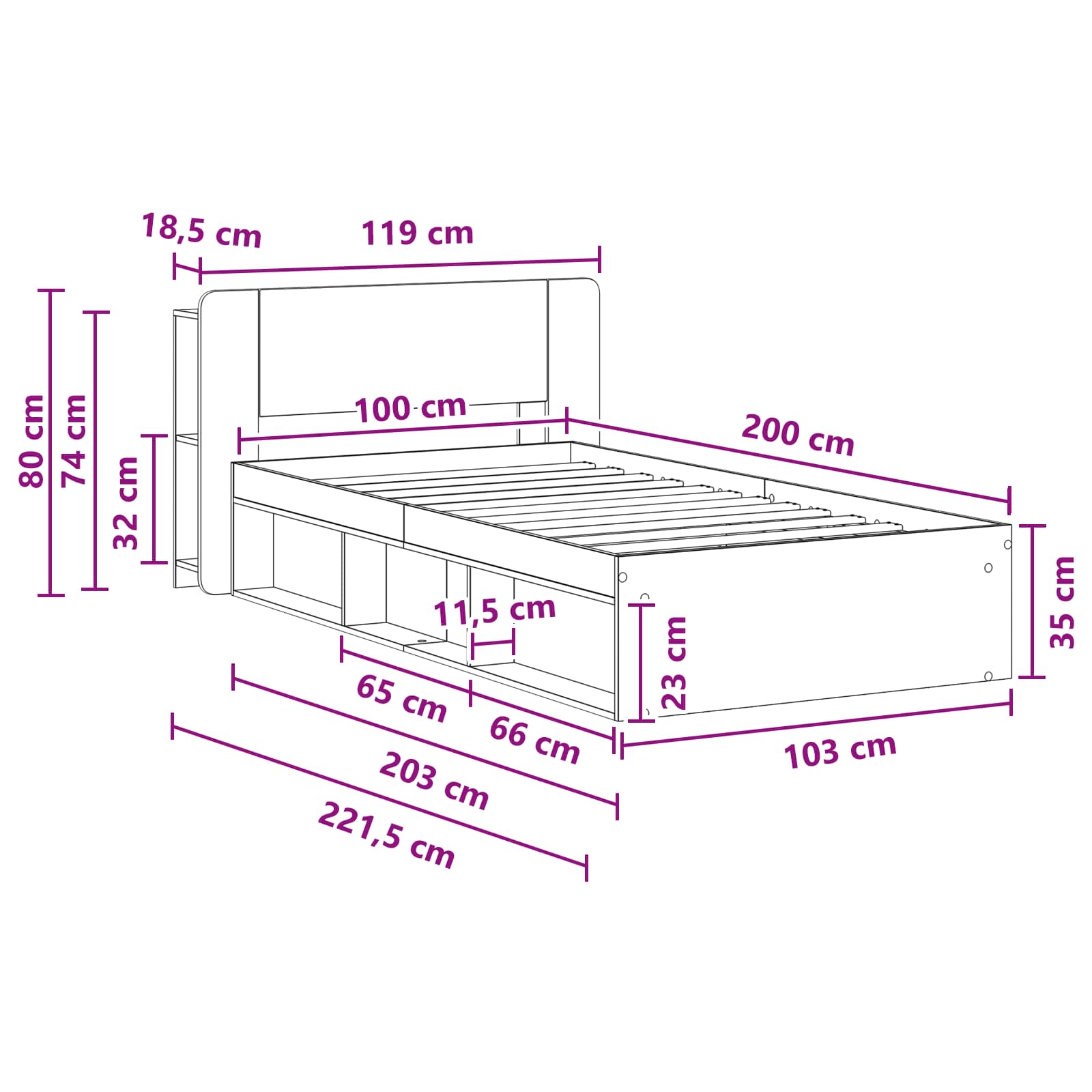 Bedframe met opslag Gerookt eiken 100 x 200 cm Bewerkt hout
