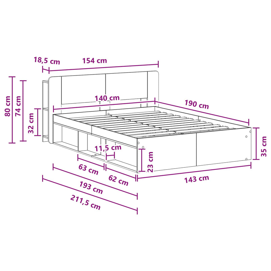 Bedframe met opslag Artisanaal eiken 140 x 190 cm Bewerkt hout