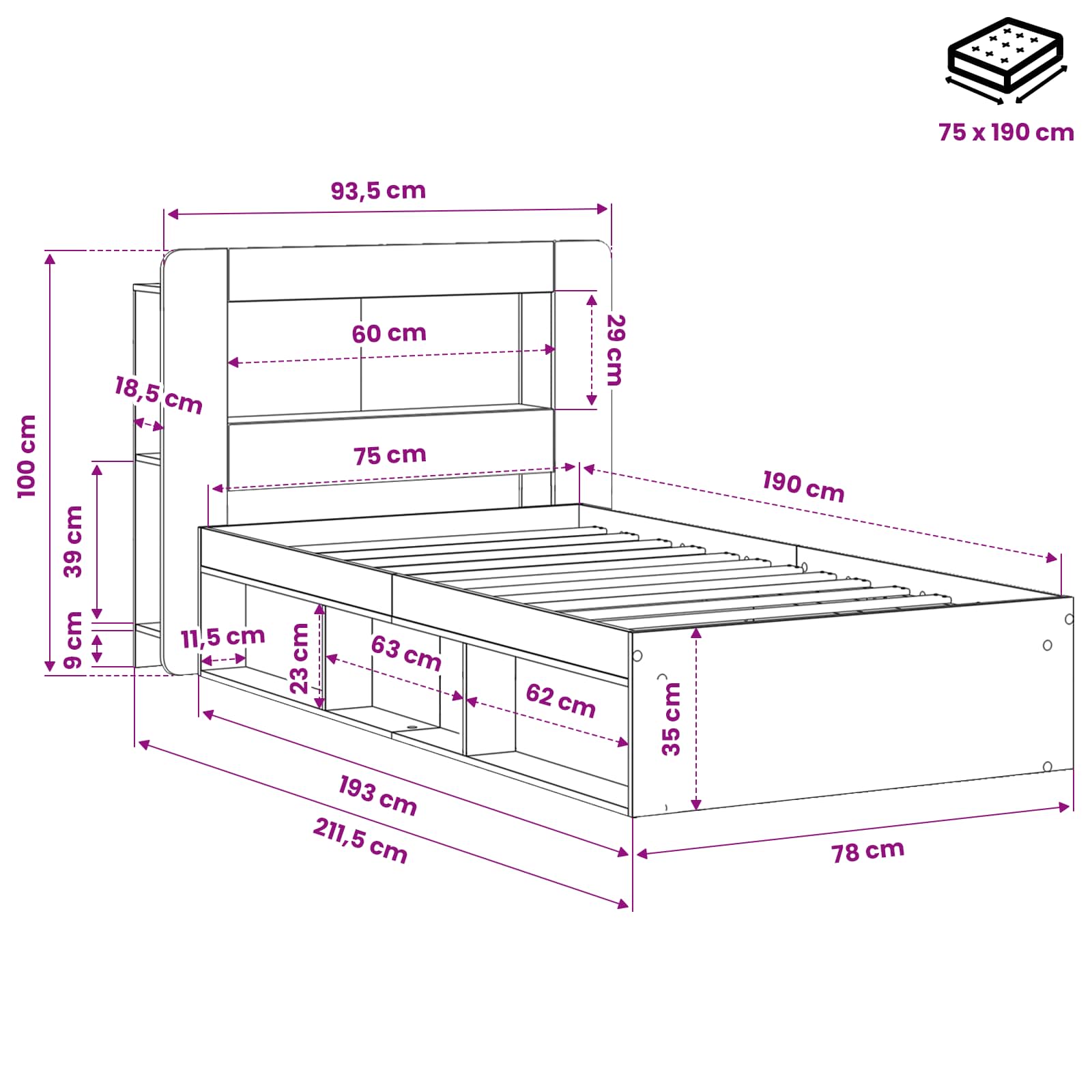 Bedframe met opslag Zwart 75 x 190 cm Bewerkt hout