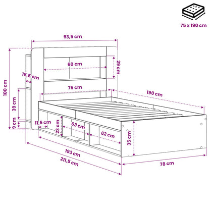 Bedframe met opslag Zwart 75 x 190 cm Bewerkt hout