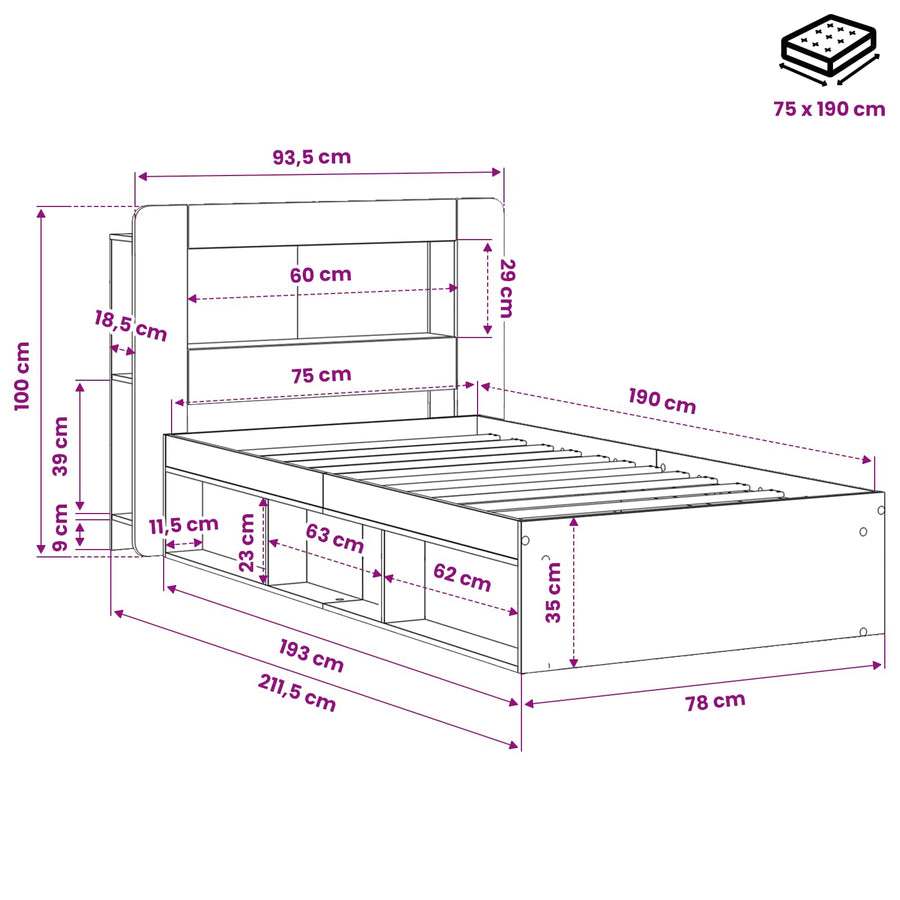 Bedframe met opslag Zwart 75 x 190 cm Bewerkt hout