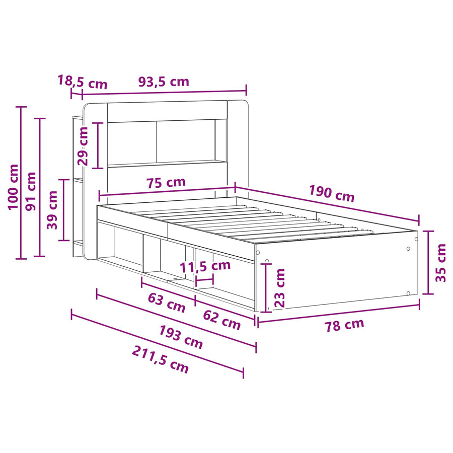 Bedframe met opslag Betongrijs 75 x 190 cm Bewerkt hout