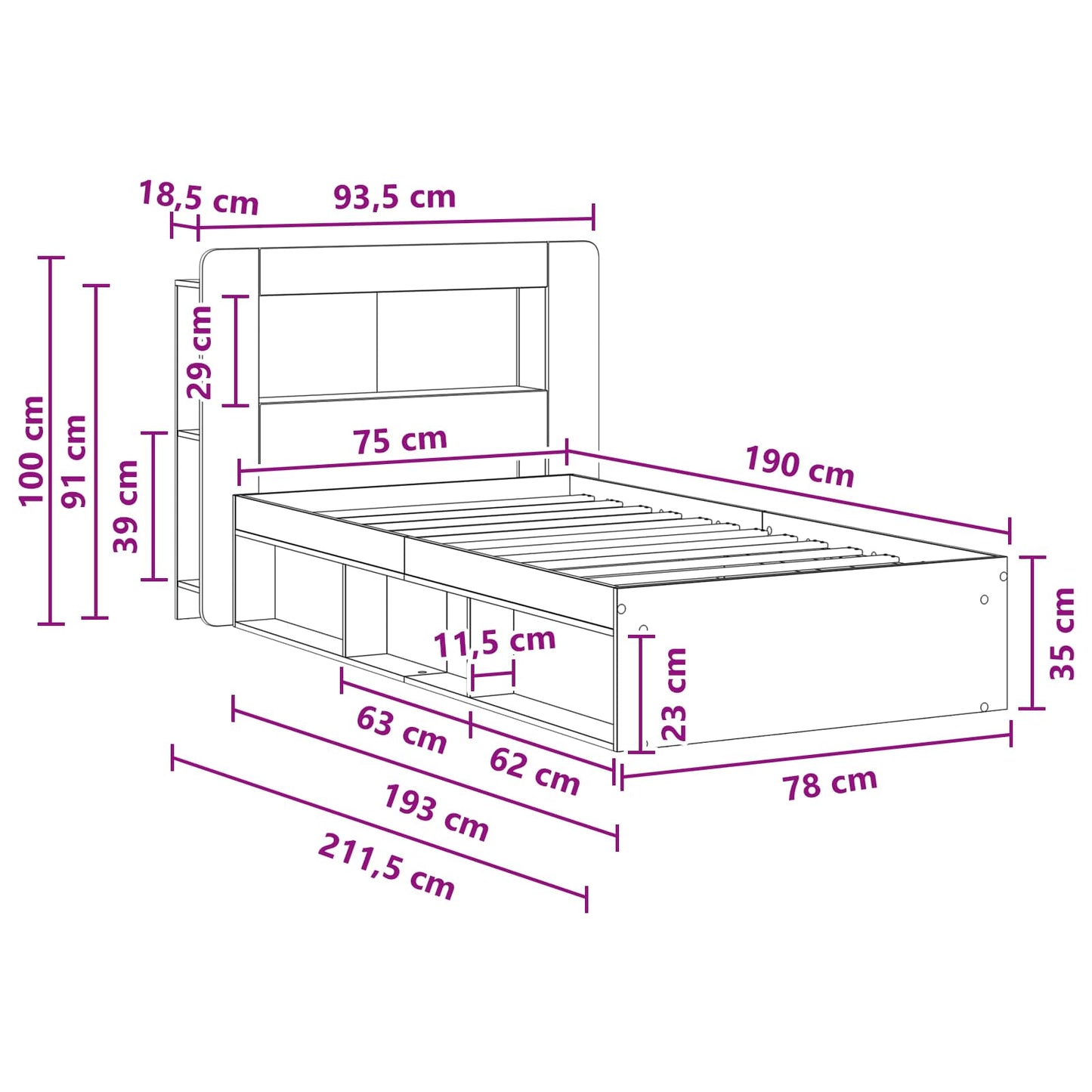 Bedframe met opslag Gerookt eiken 75 x 190 cm Bewerkt hout