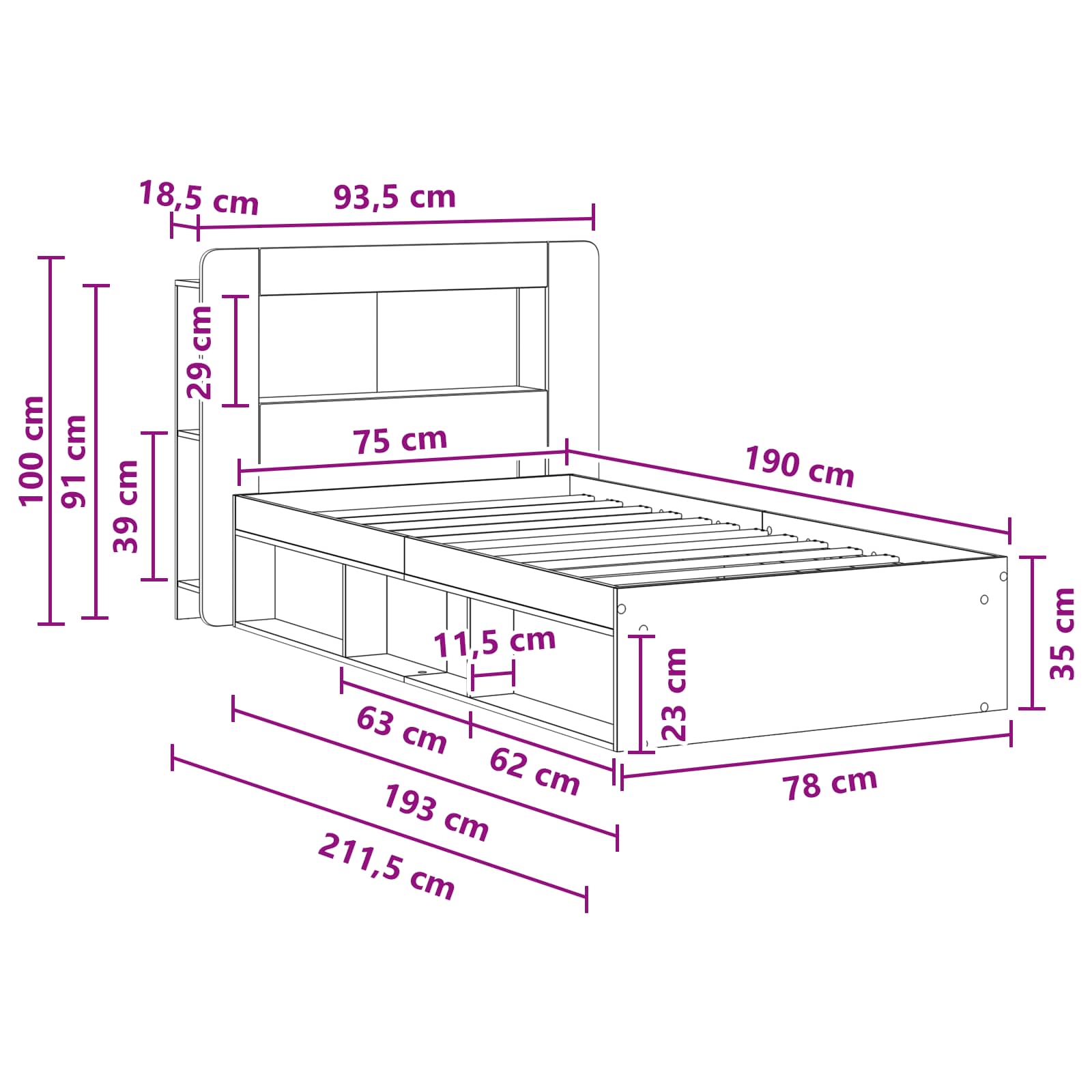 Bedframe met opslag Sonoma Eiken 75 x 190 cm Bewerkt hout
