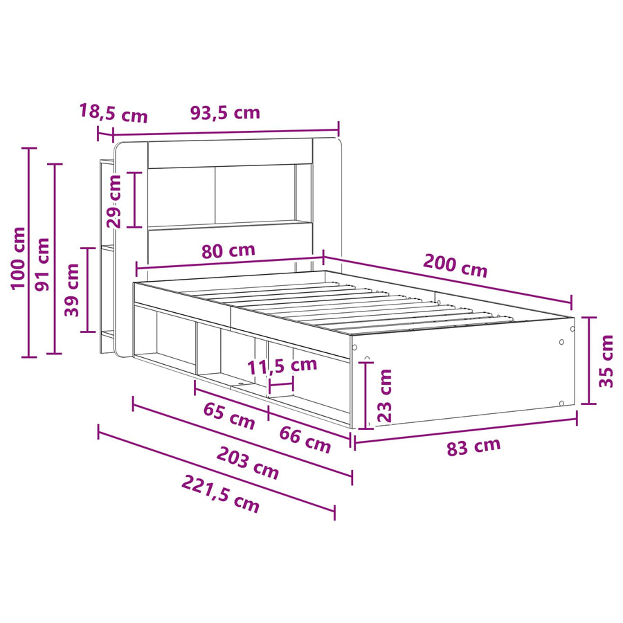 Bedframe met opslag Betongrijs 80 x 200 cm Bewerkt hout