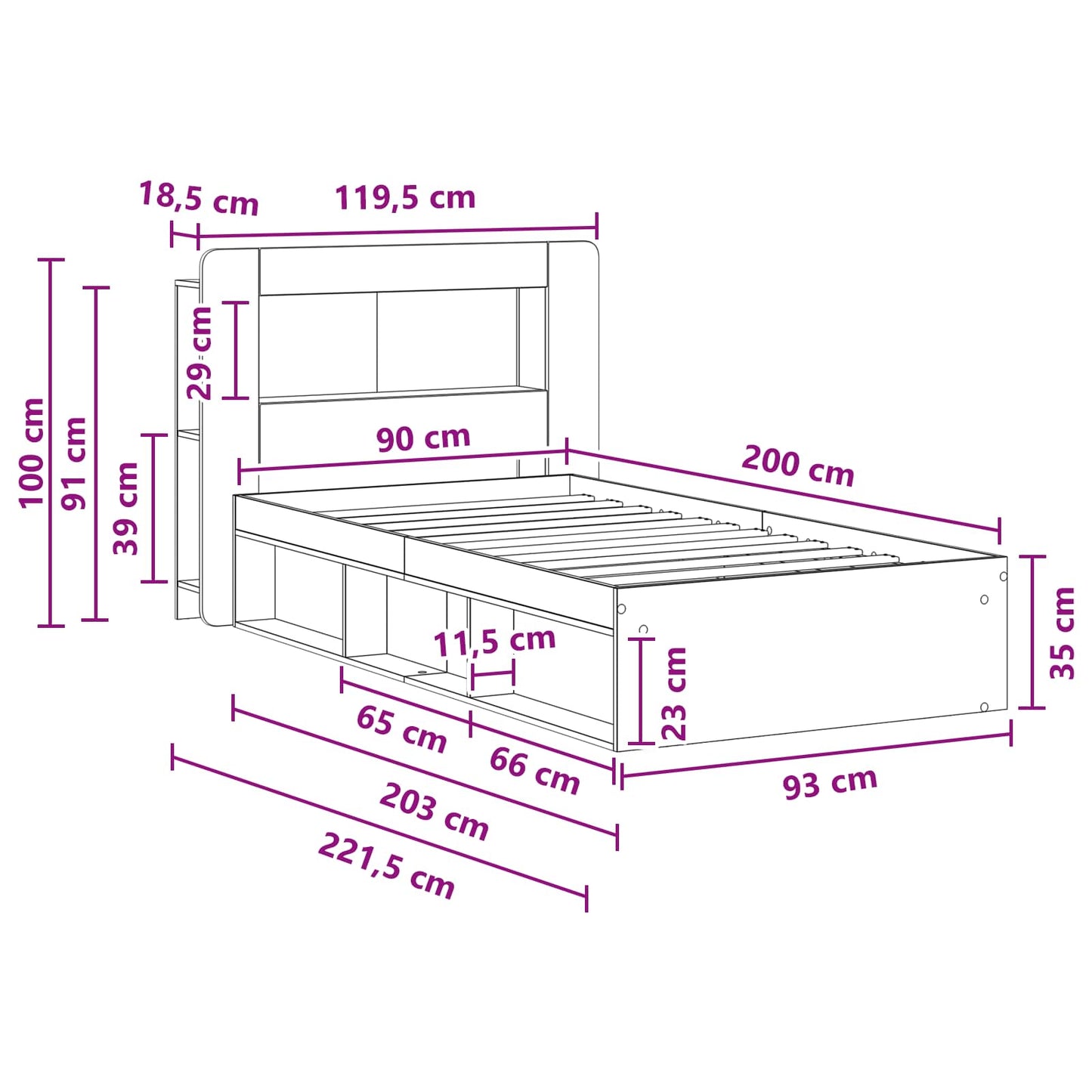 Bedframe met opslag Betongrijs 90 x 200 cm Bewerkt hout