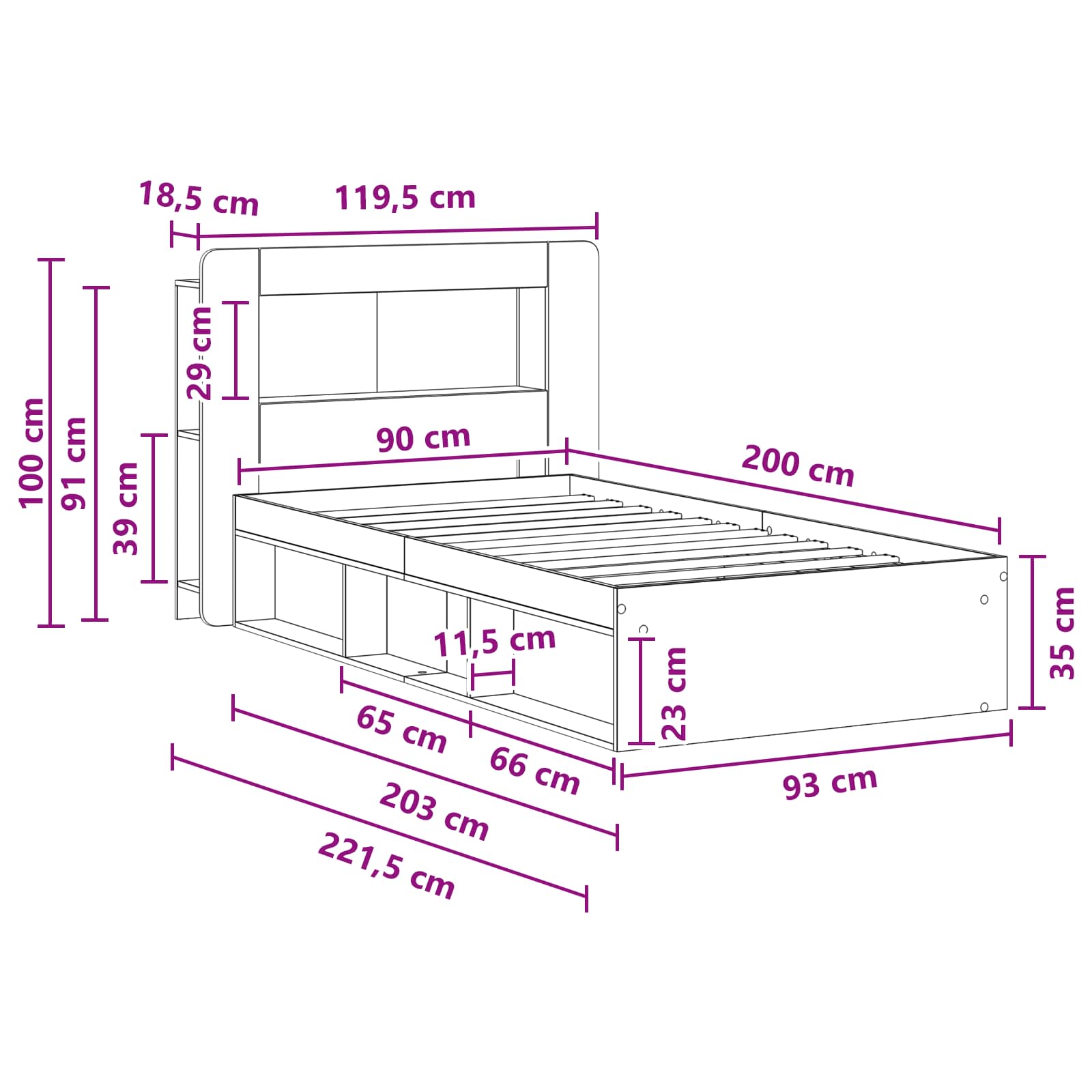 Bedframe met opslag Oud hout 90 x 200 cm Bewerkt hout