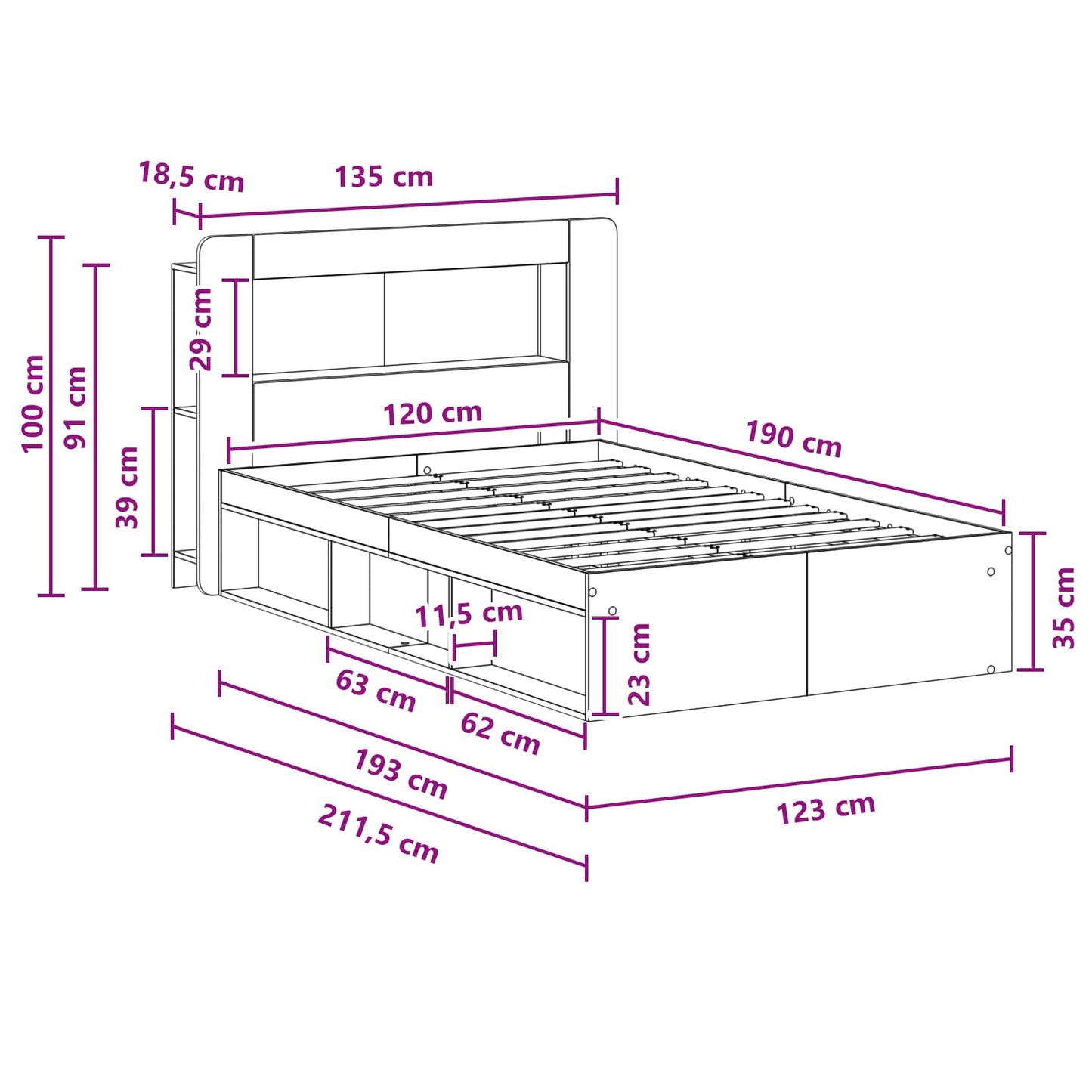 Bedframe met opslag Oud hout 120 x 190 cm Bewerkt hout
