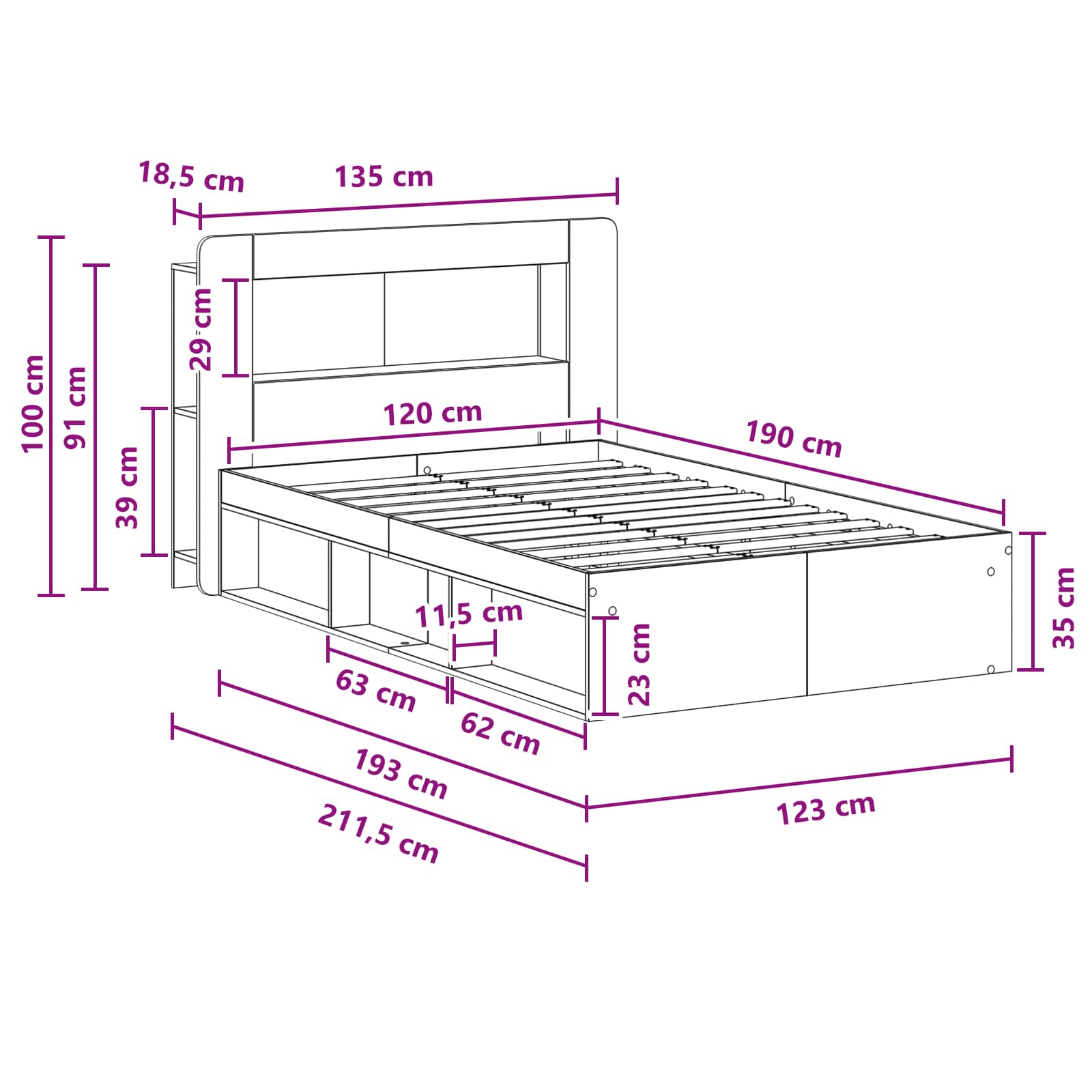 Bedframe met opslag Wit 120 x 190 cm Bewerkt hout