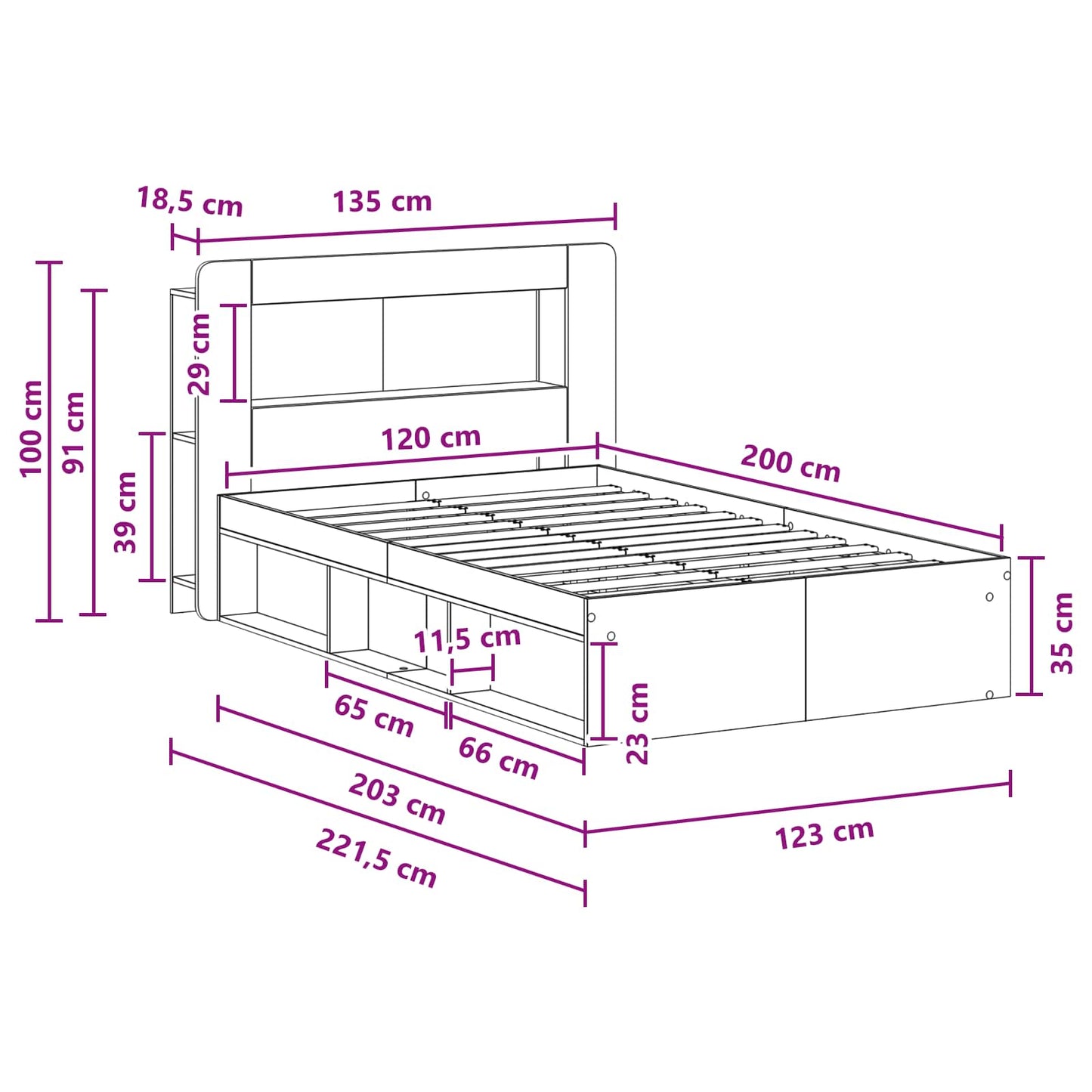 Bedframe met opslag Artisanaal eiken 120 x 200 cm Bewerkt hout