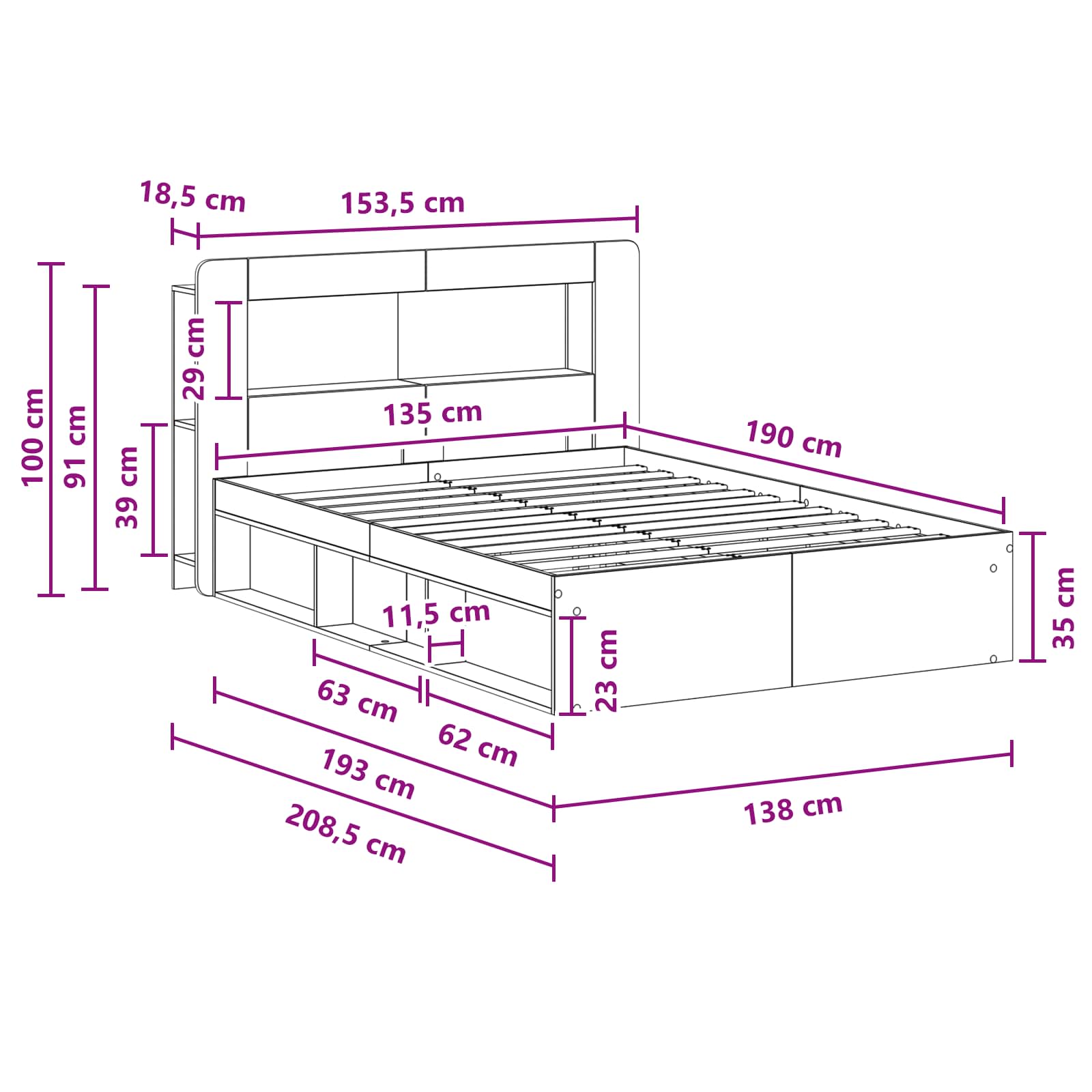 Bedframe met opslag Artisanaal eiken 135 x 190 cm Bewerkt hout