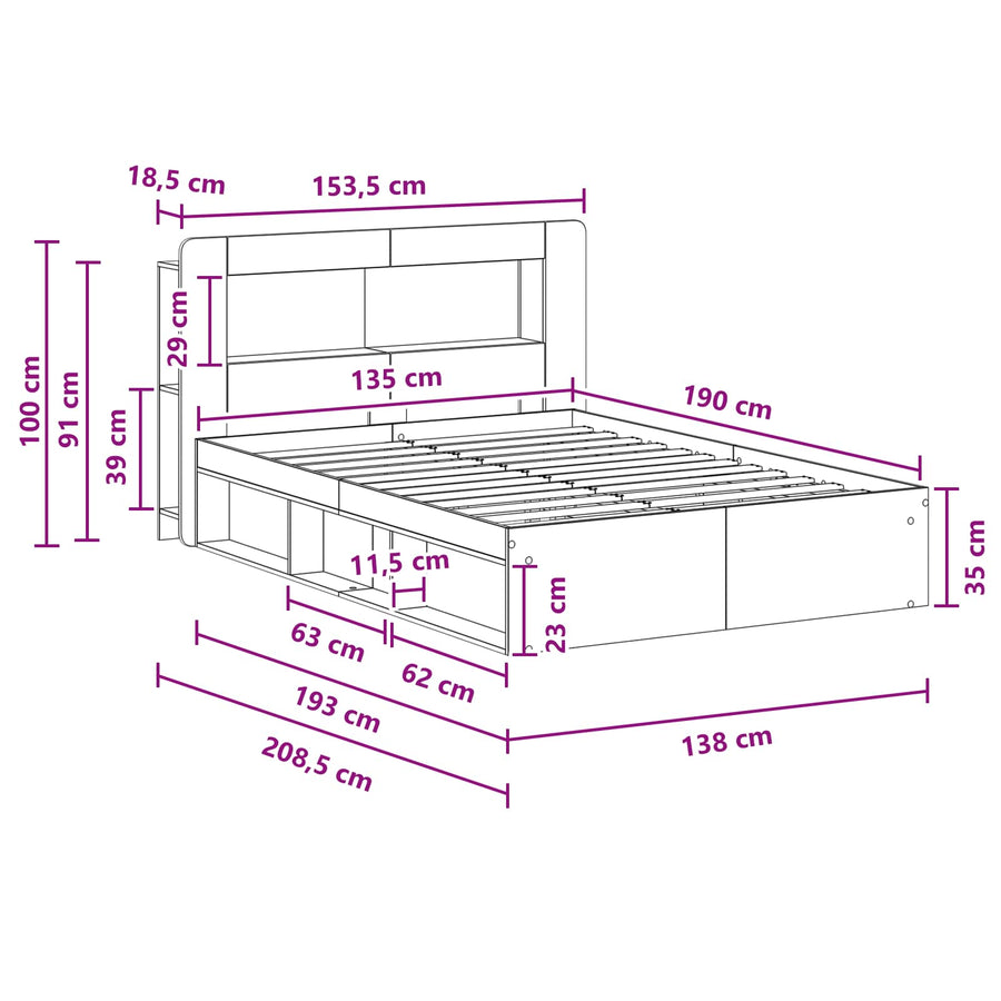 Bedframe met opslag Oud hout 135 x 190 cm Bewerkt hout