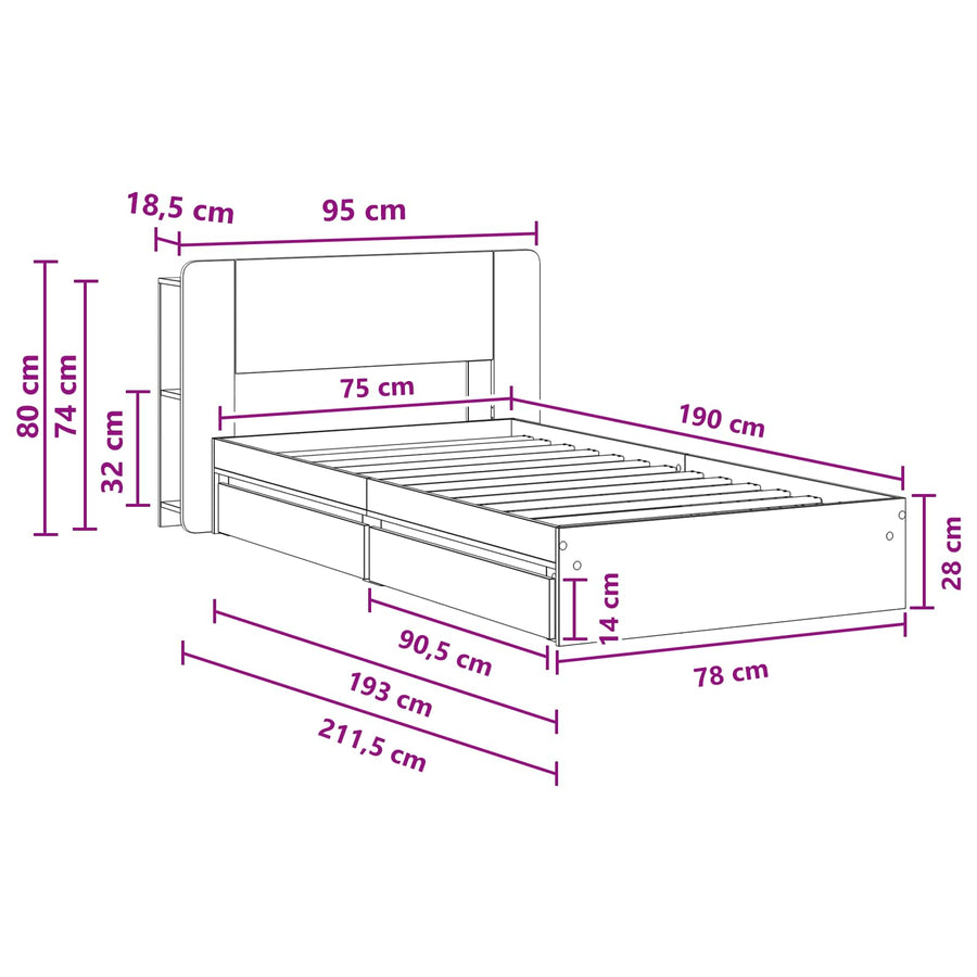 Bedframe met opslag Sonoma Eiken 75 x 190 cm Bewerkt hout