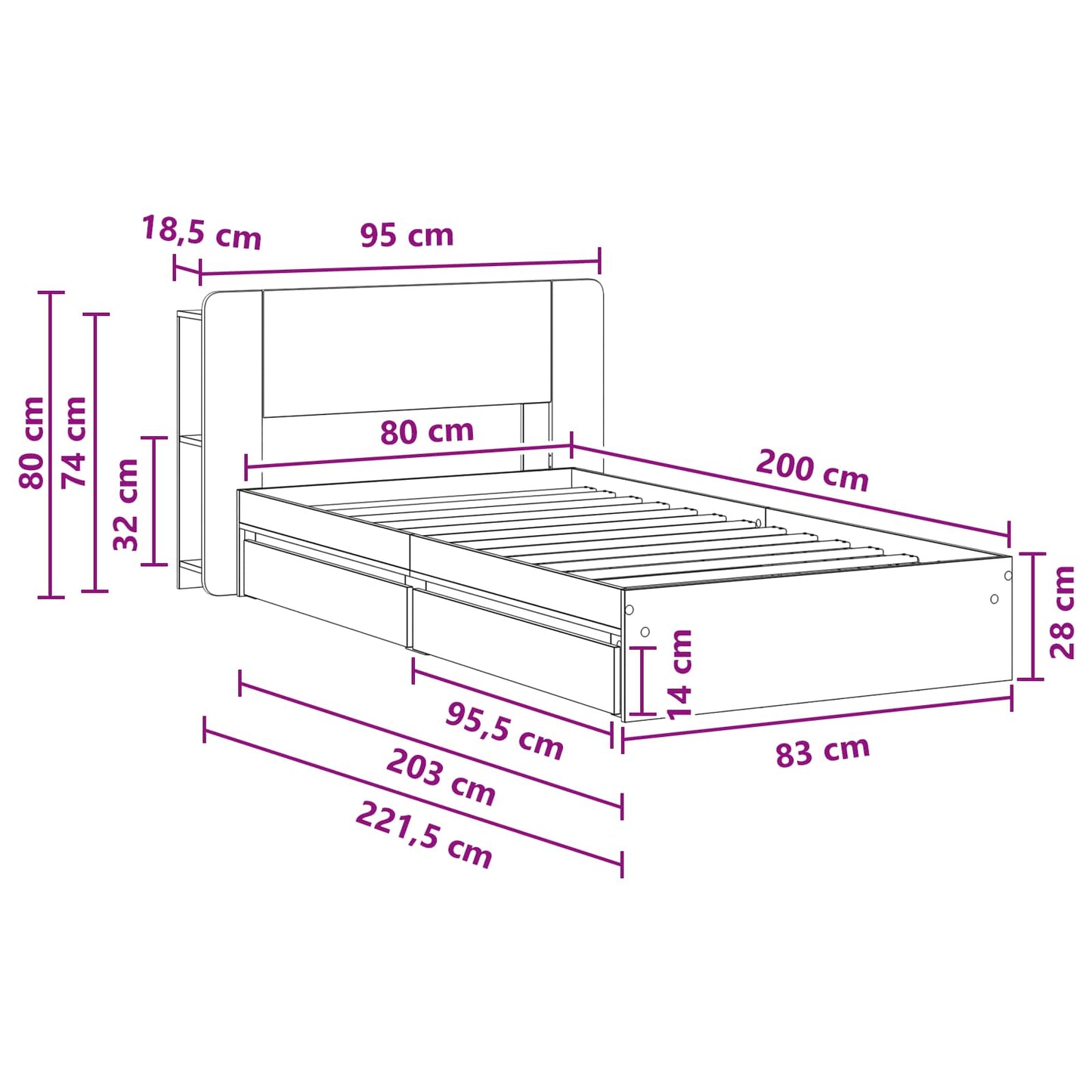 Bedframe met opslag Artisanaal eiken 80 x 200 cm Bewerkt hout