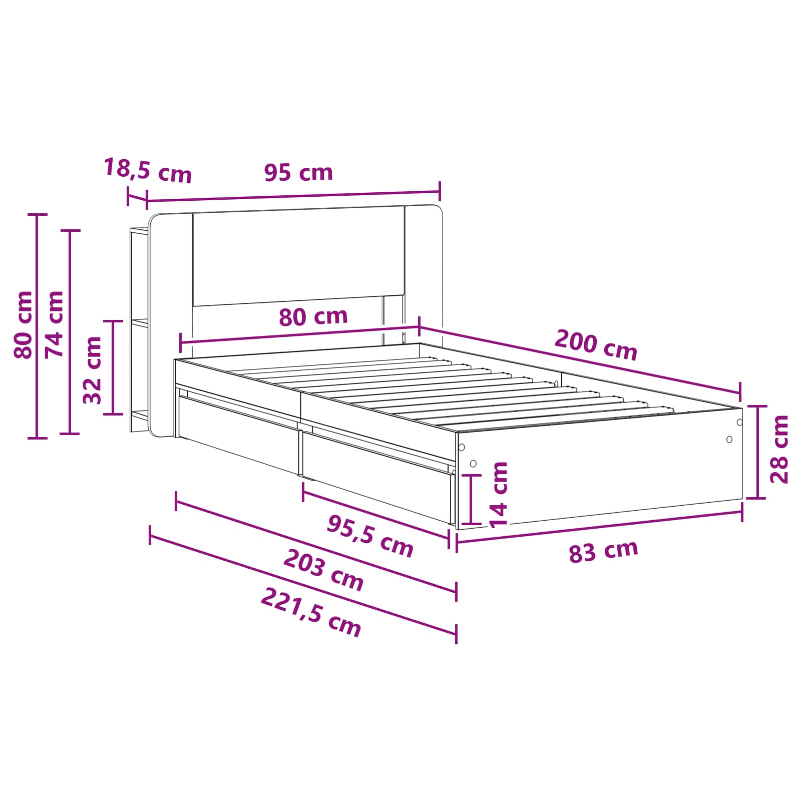 Bedframe met opslag Artisanaal eiken 80 x 200 cm Bewerkt hout