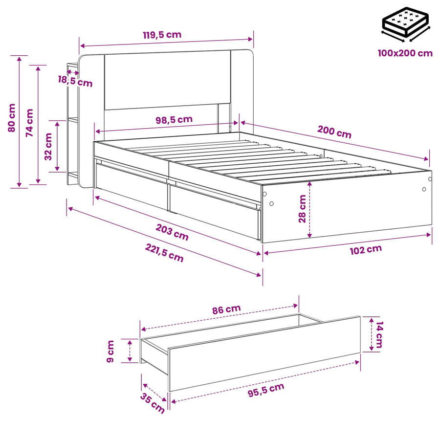 Bedframe met opslag Grijs Sonoma 100 x 200 cm Bewerkt hout