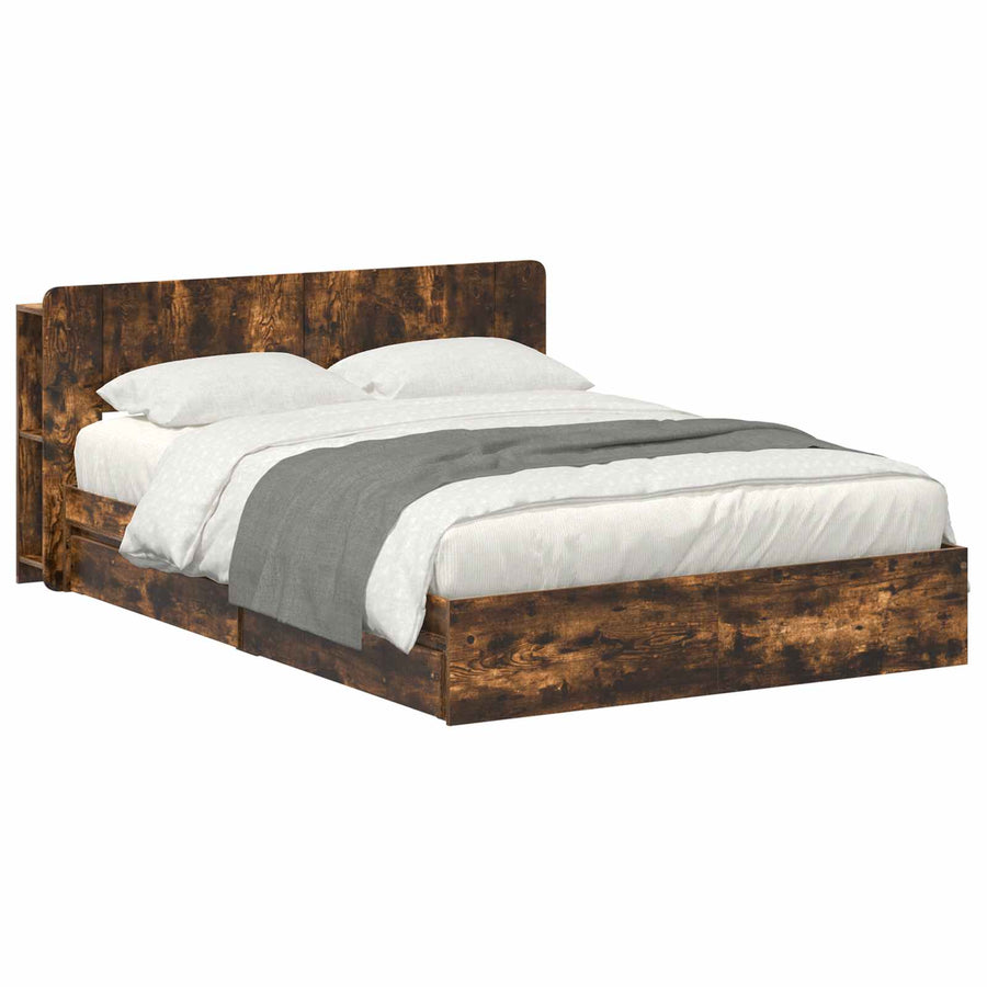 Bedframe met opslag Gerookt eiken 135 x 190 cm Bewerkt hout