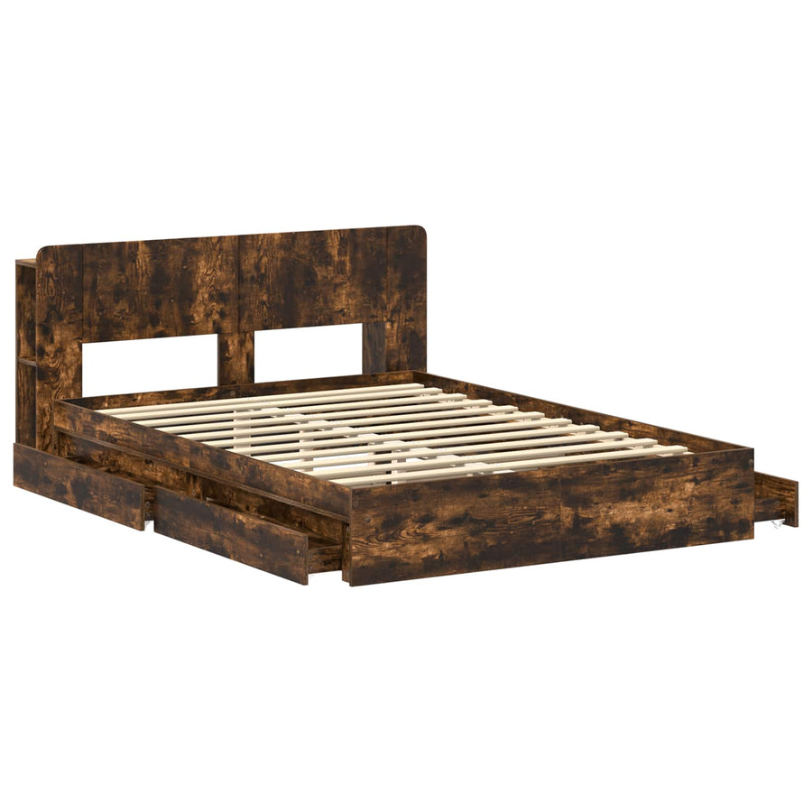 Bedframe met opslag Gerookt eiken 135 x 190 cm Bewerkt hout