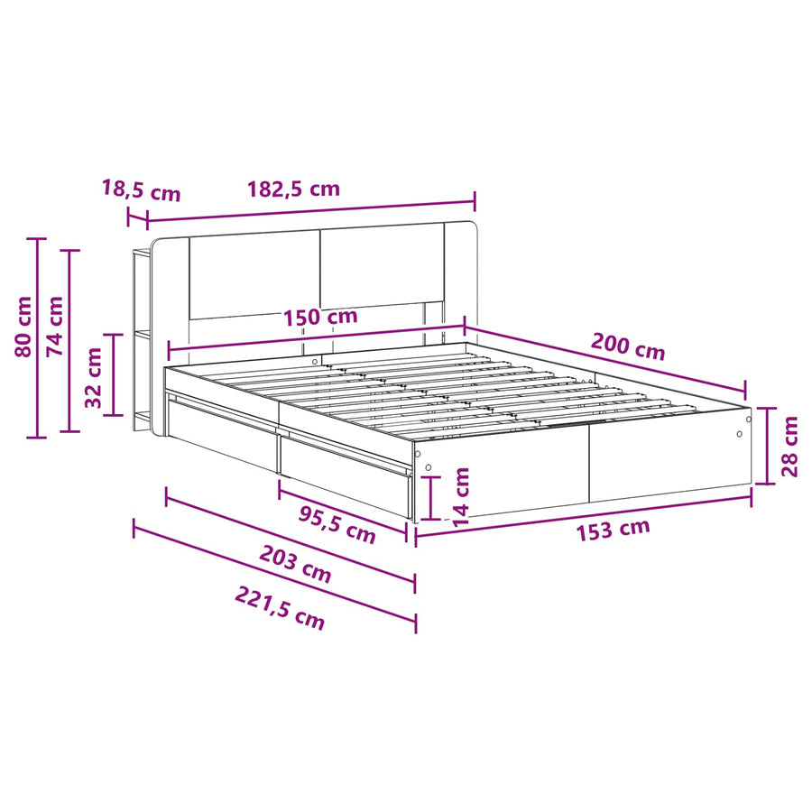 Bedframe met opslag Betongrijs 150 x 200 cm Bewerkt hout