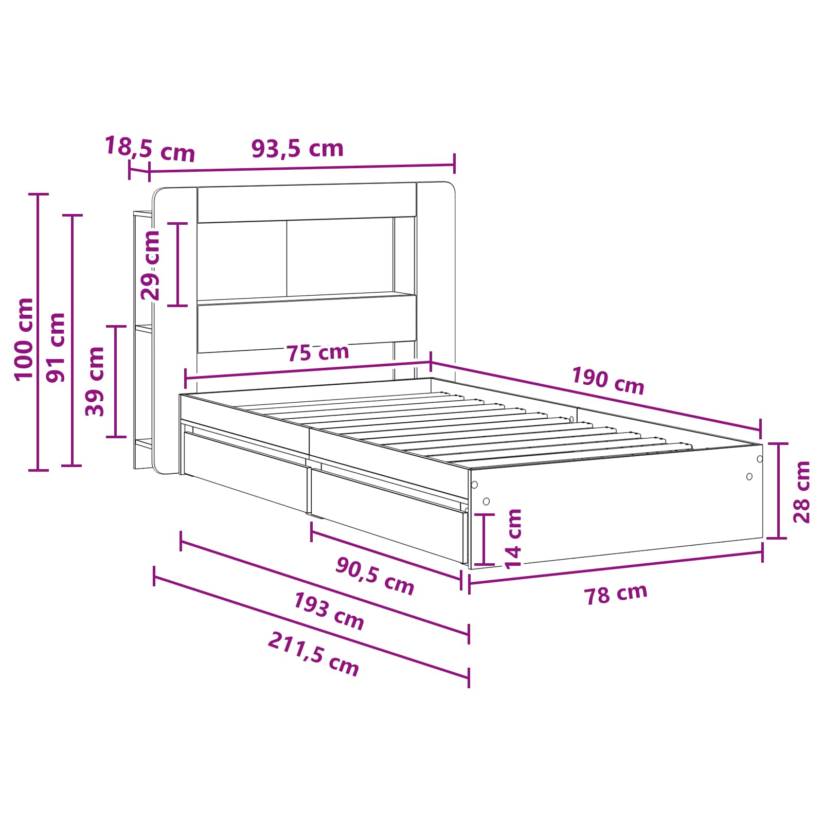 Bedframe met opslag Sonoma Eiken 75 x 190 cm Bewerkt hout
