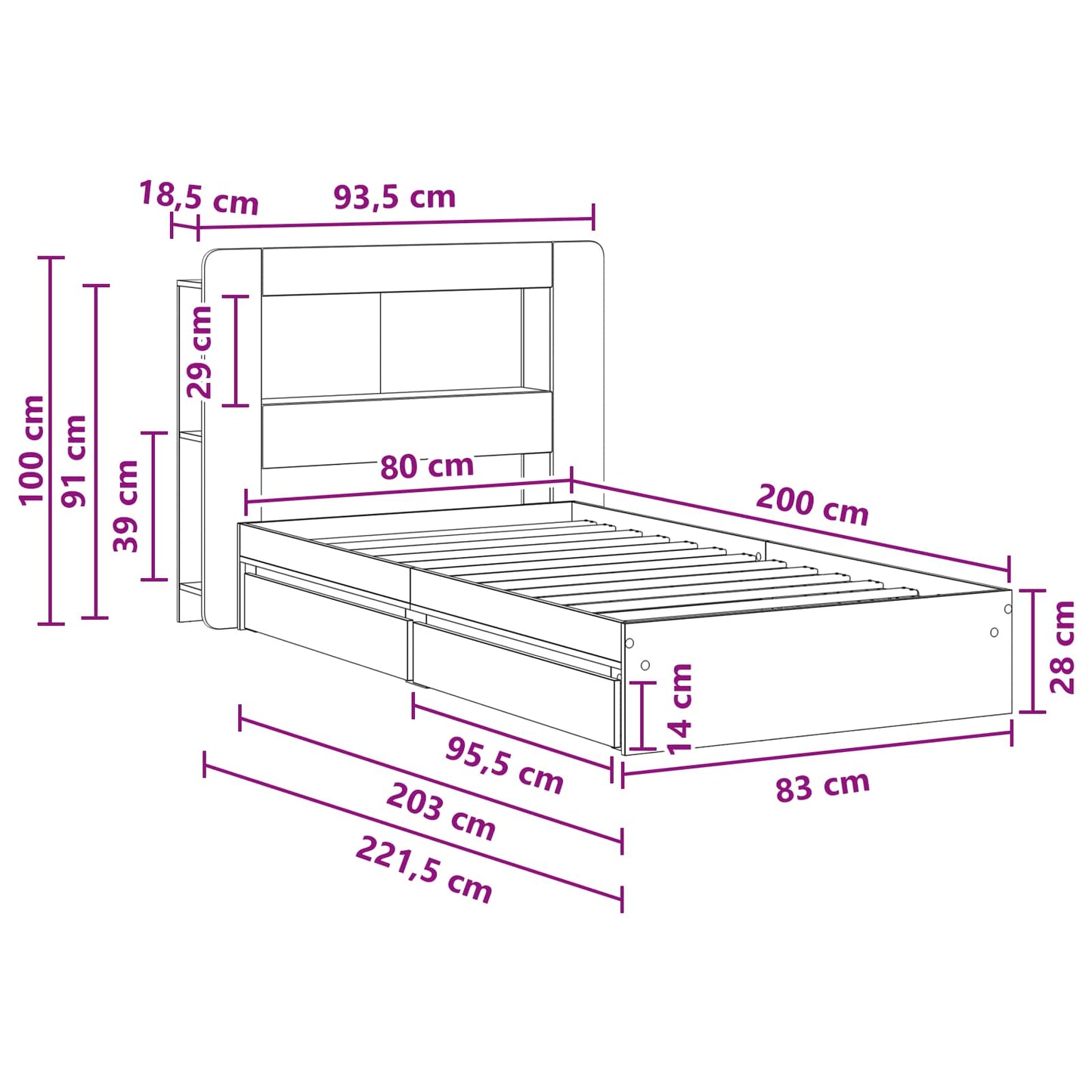 Bedframe met opslag met lade Wit 80 x 200 cm Bewerkt hout