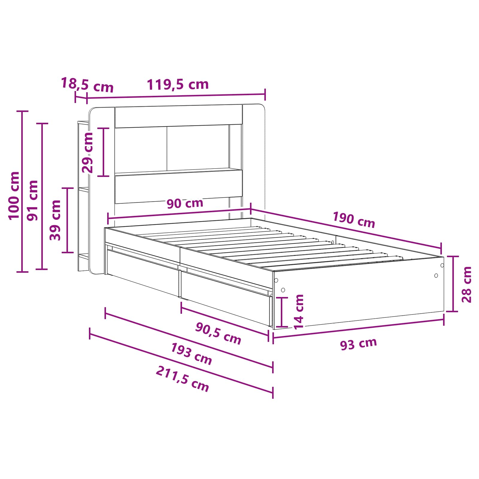 Bedframe met opslag Gerookt eiken 90 x 190 cm Bewerkt hout