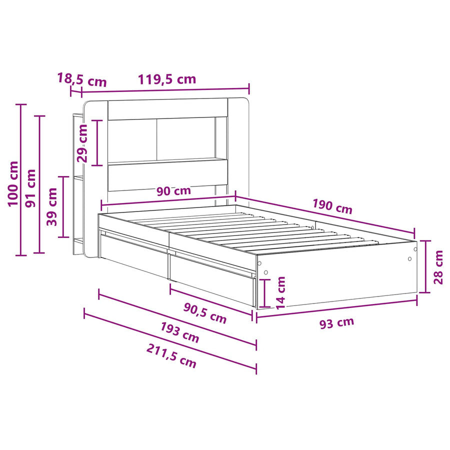 Bedframe met opslag Sonoma Eiken 90 x 190 cm Bewerkt hout